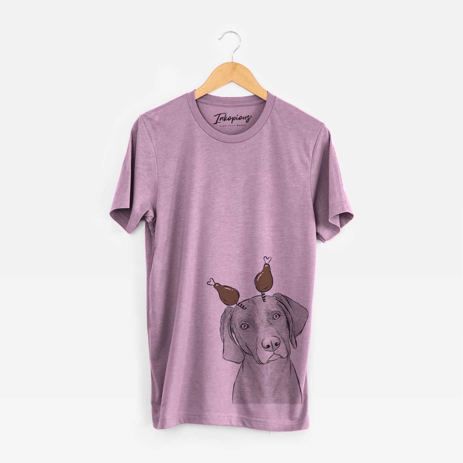 Hand-drawn sketch of Willow the Weizsla with a Thanksgiving turkey headpiece on an Orchid Unisex crewneck