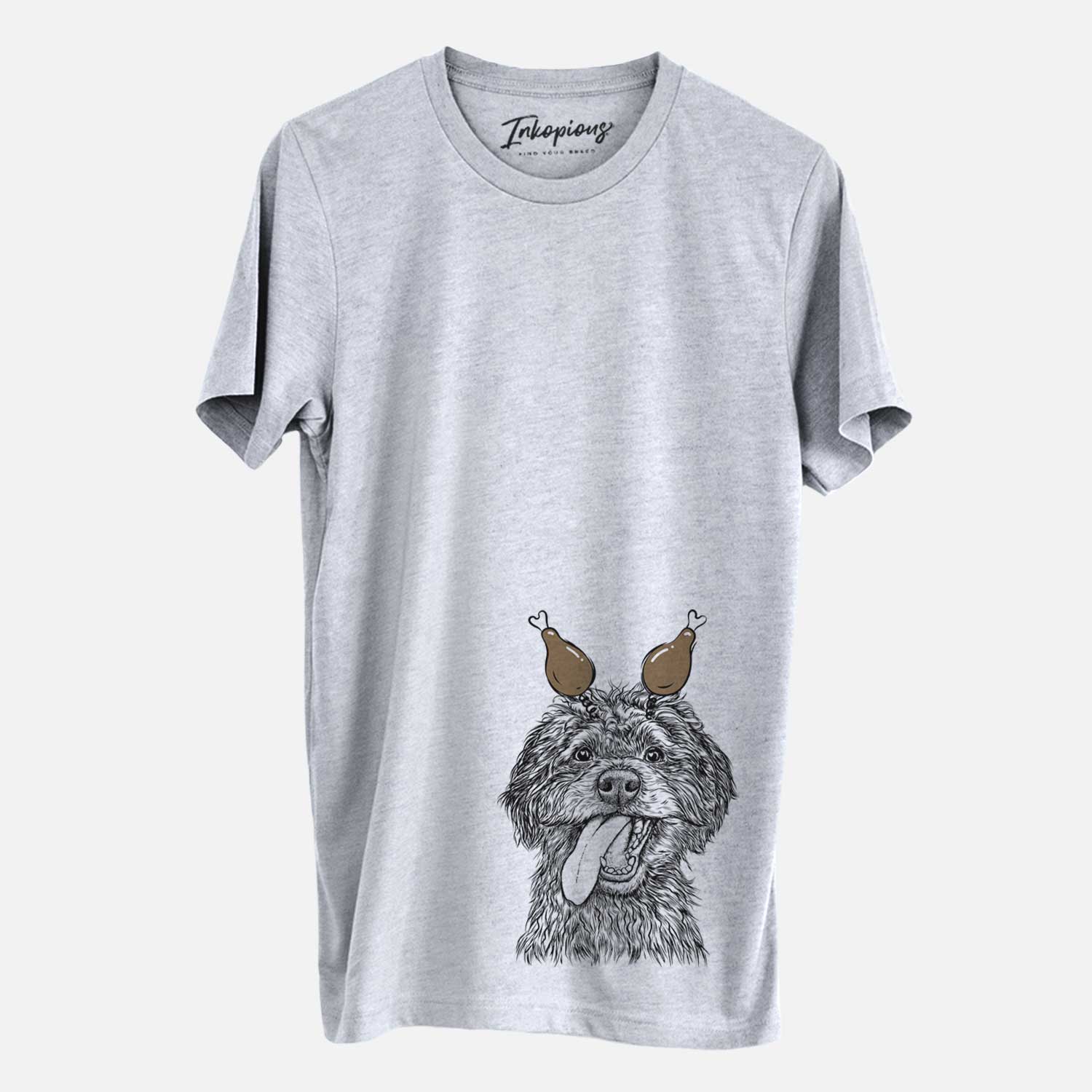 Hand-drawn sketch of Winnie the Mini Aussiedoodle with a Thanksgiving turkey headpiece on a Grey Unisex crewneck