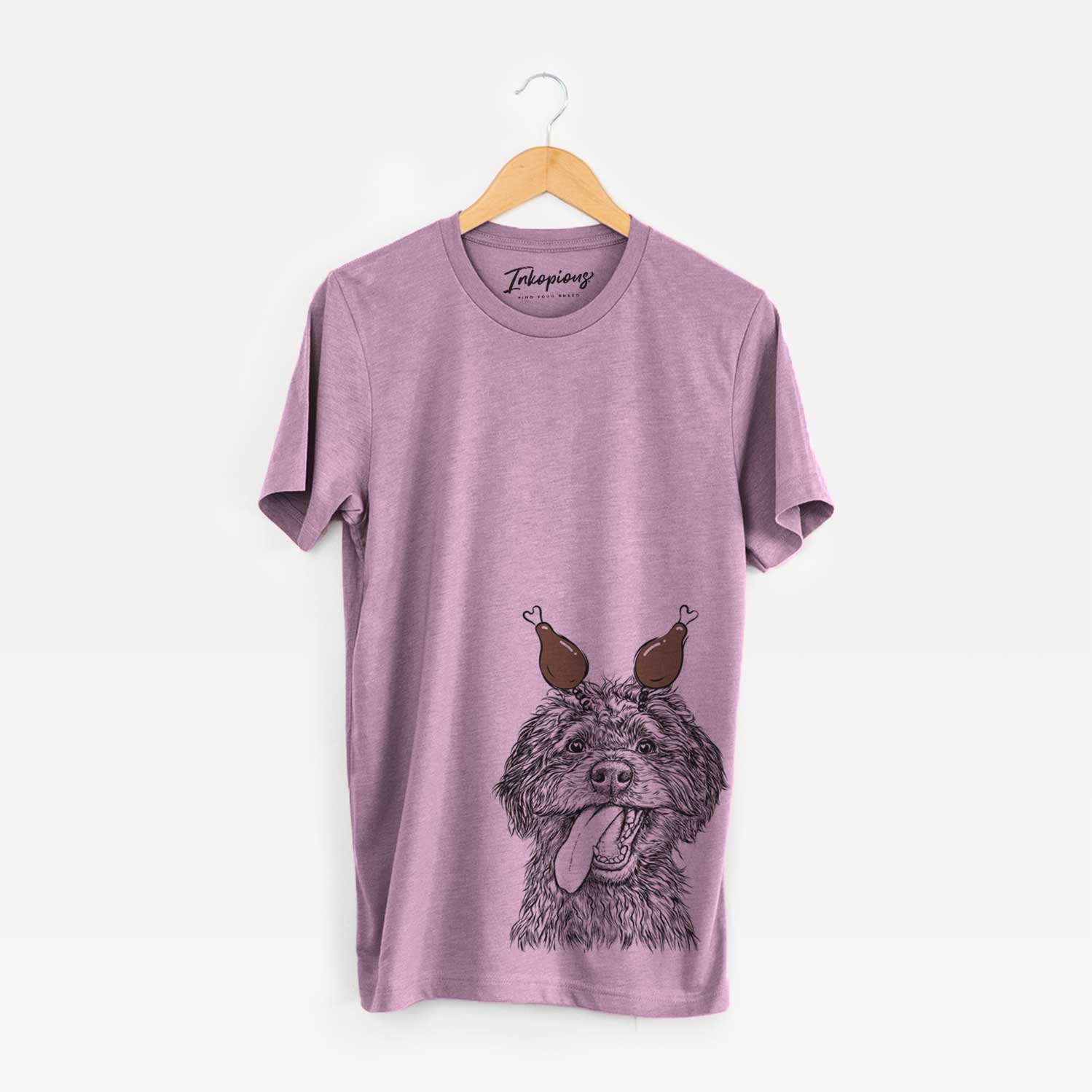 Hand-drawn sketch of Winnie the Mini Aussiedoodle with a Thanksgiving turkey headpiece on an Orchid Unisex crewneck