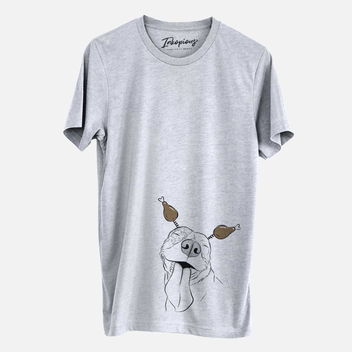 Hand-drawn sketch of Xena the American Staffordshire Terrier with a Thanksgiving turkey headpiece on a Grey Unisex crewneck