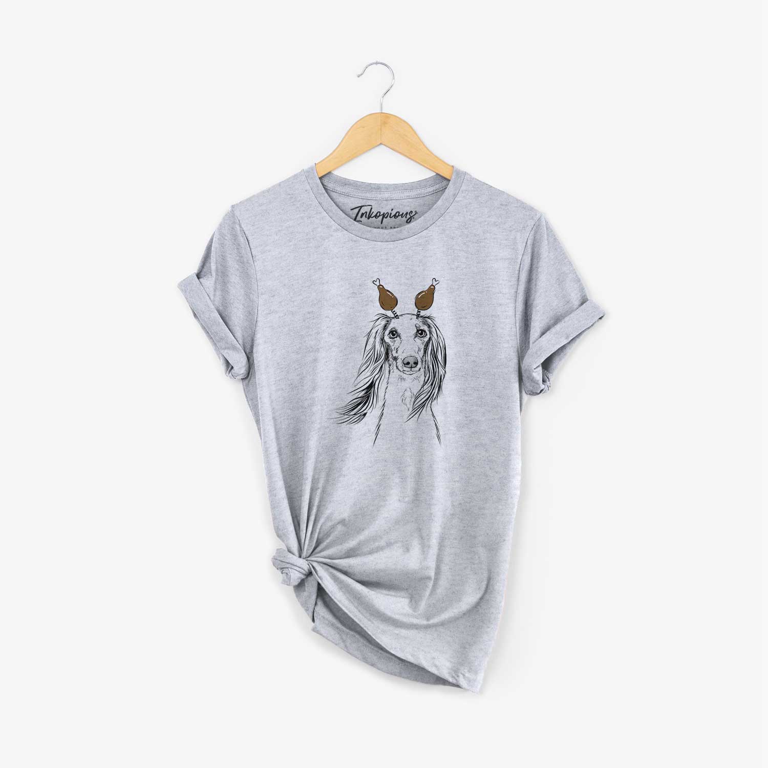 Hand-drawn sketch of Zahra the Saluki with a Thanksgiving turkey headpiece on a Grey Unisex crewneck
