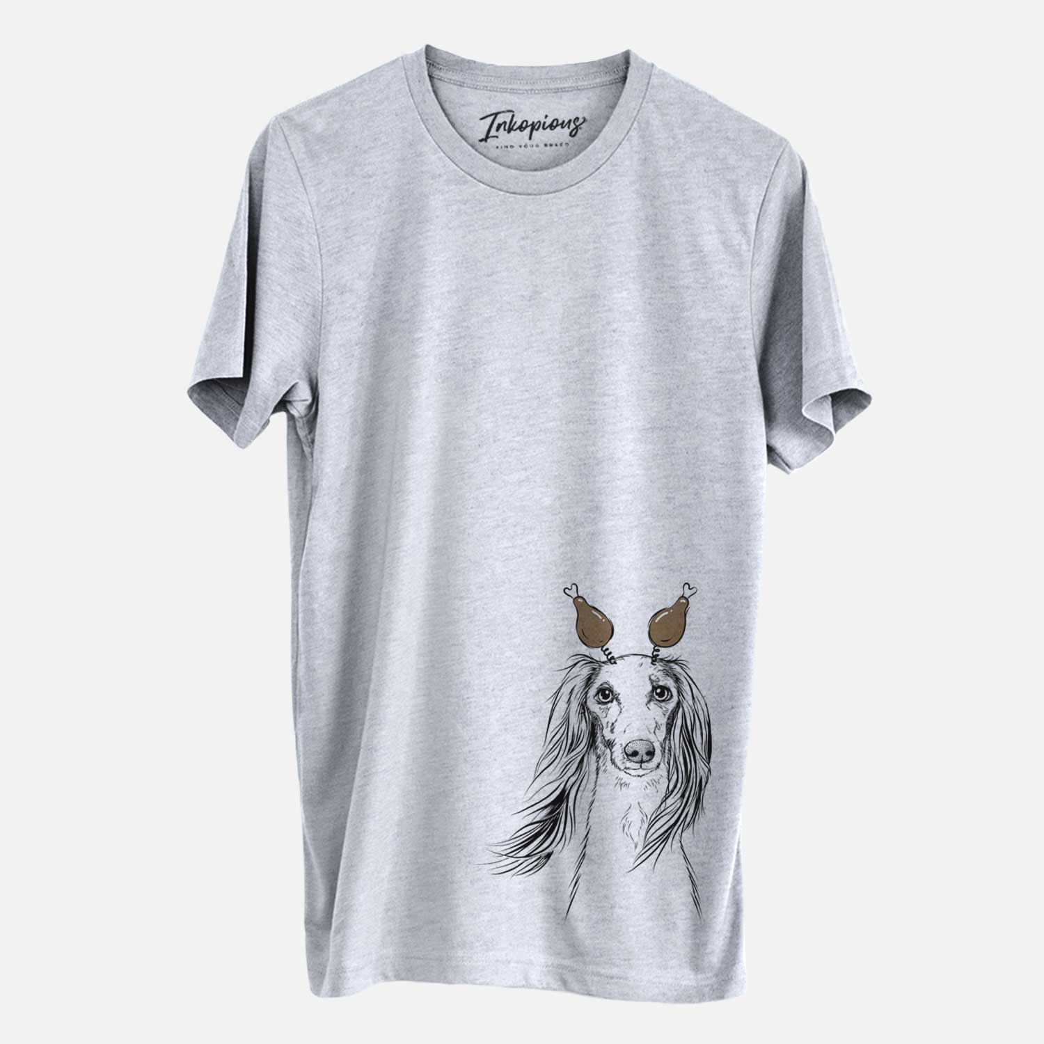 Hand-drawn sketch of Zahra the Saluki with a Thanksgiving turkey headpiece on a Grey Unisex crewneck