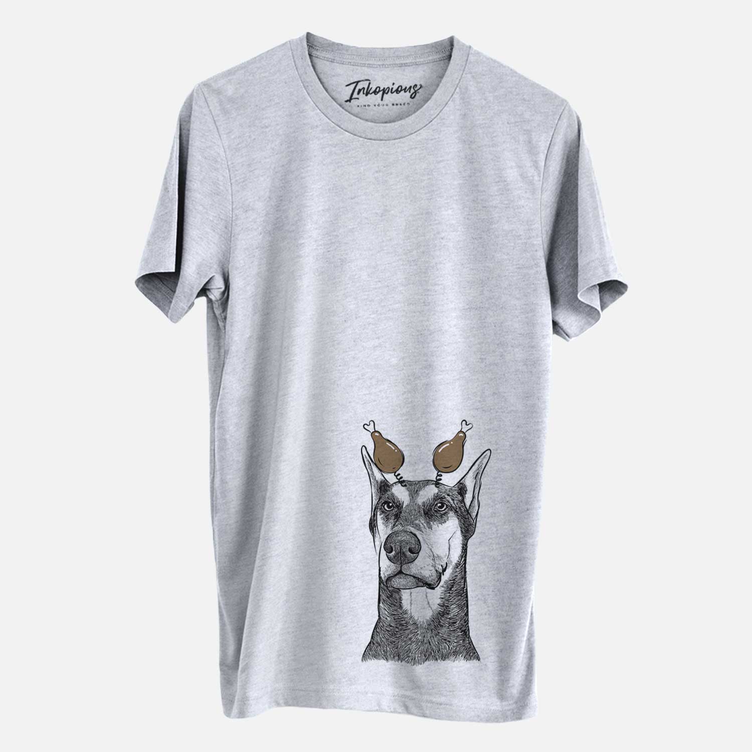 Hand-drawn sketch of Zeus the Doberman Pinscher with a Thanksgiving turkey headpiece on a Grey Unisex crewneck