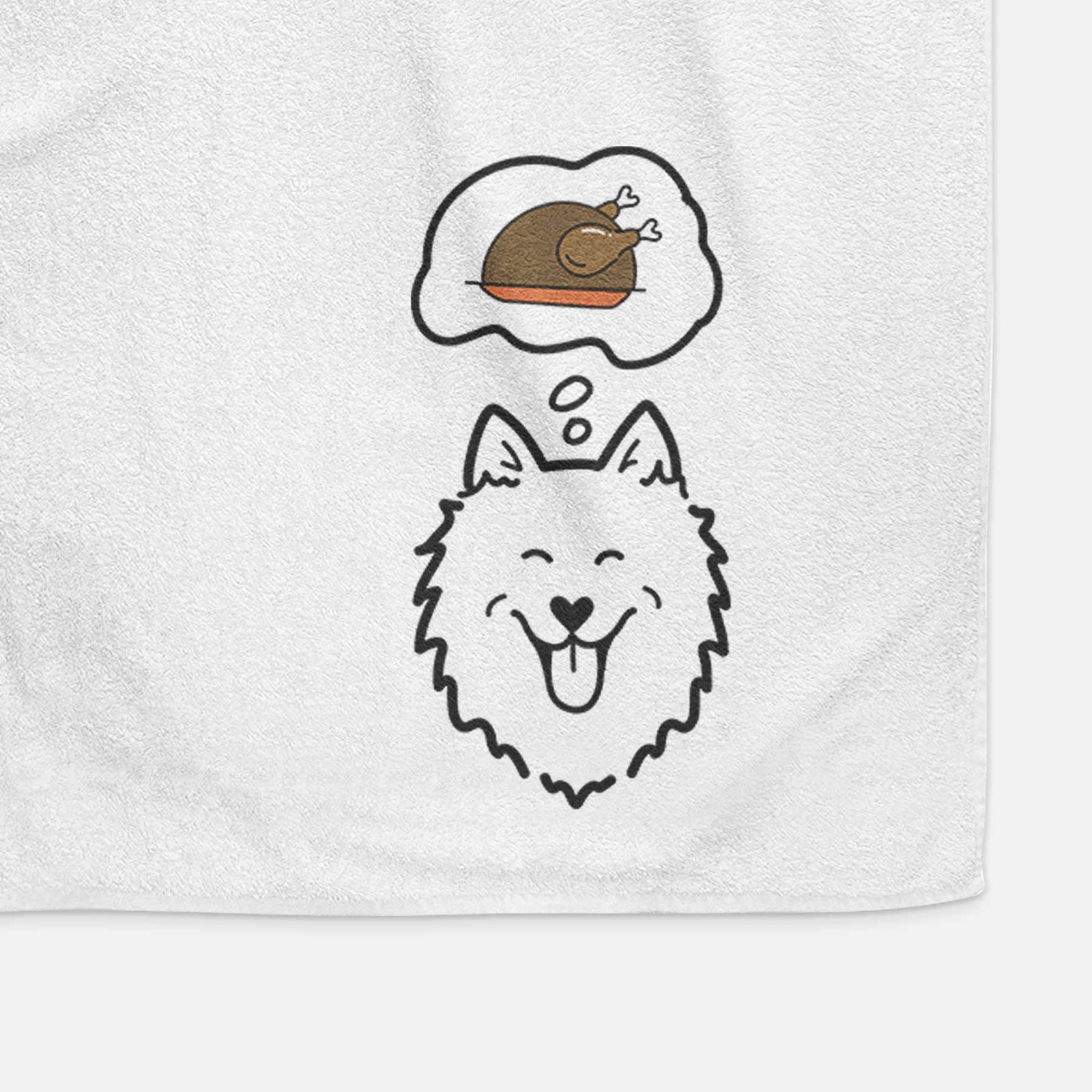 Minimalist line drawing of an American Eskimo with a little turkey on a decorative hand towel