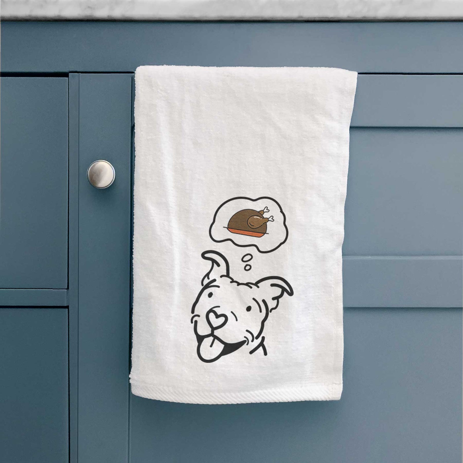 Minimalist line drawing of Arlo the Pitbull with a little turkey on a decorative hand towel