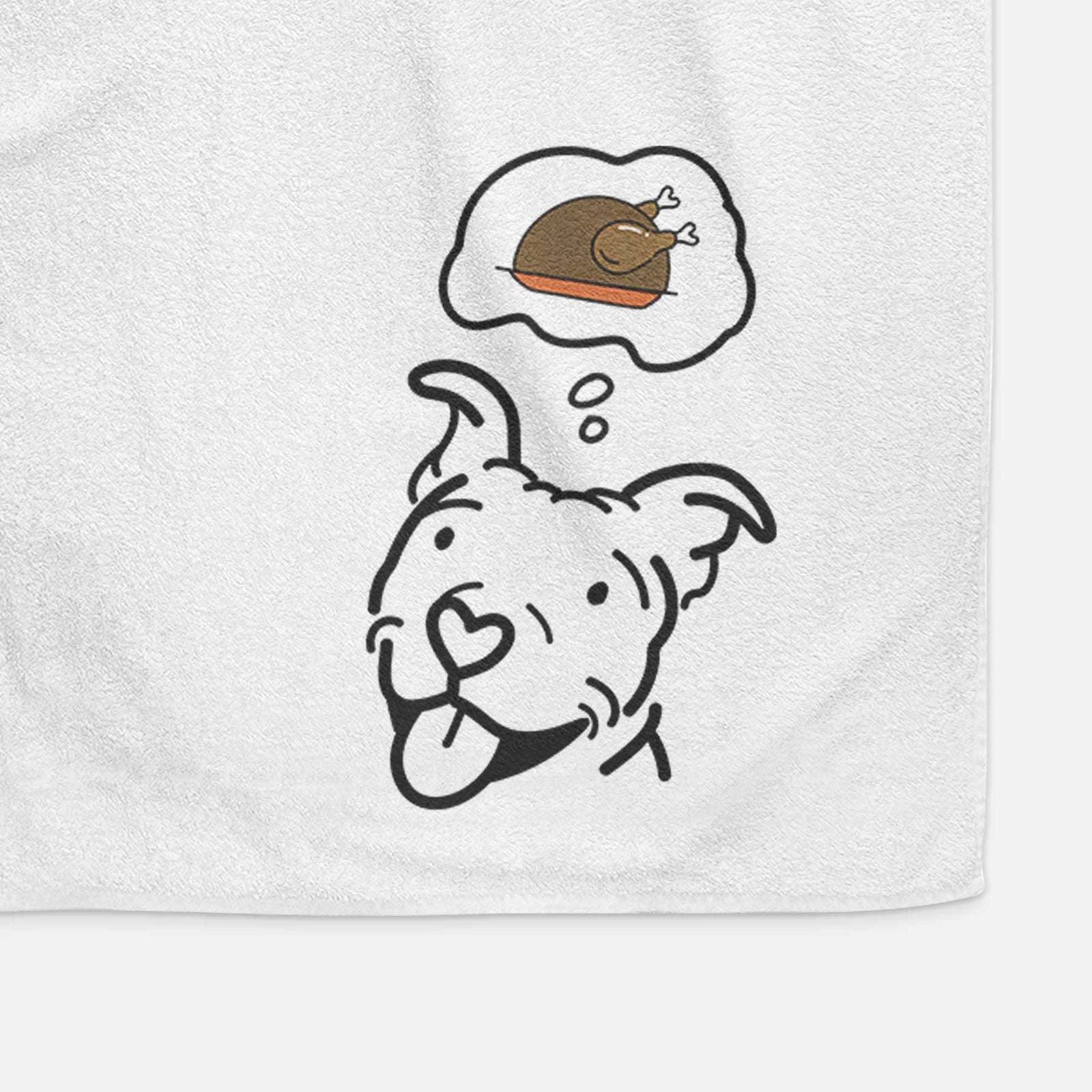 Minimalist line drawing of Arlo the Pitbull with a little turkey on a decorative hand towel