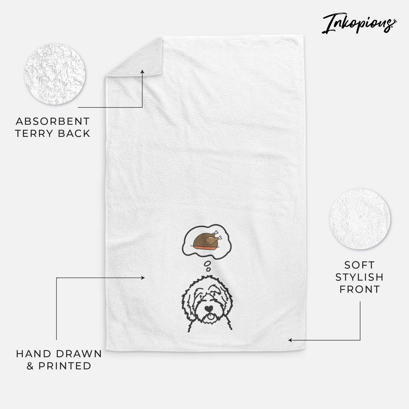 Minimalist line drawing of an Aussiedoodle with a little turkey on a decorative hand towel