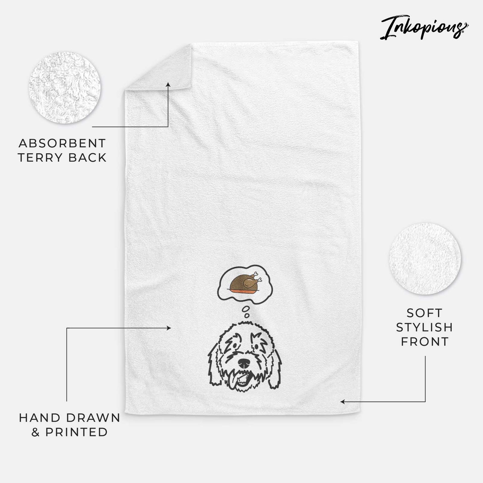 Minimalist line drawing of Barry the Goldendoodle with a little turkey on a decorative hand towel