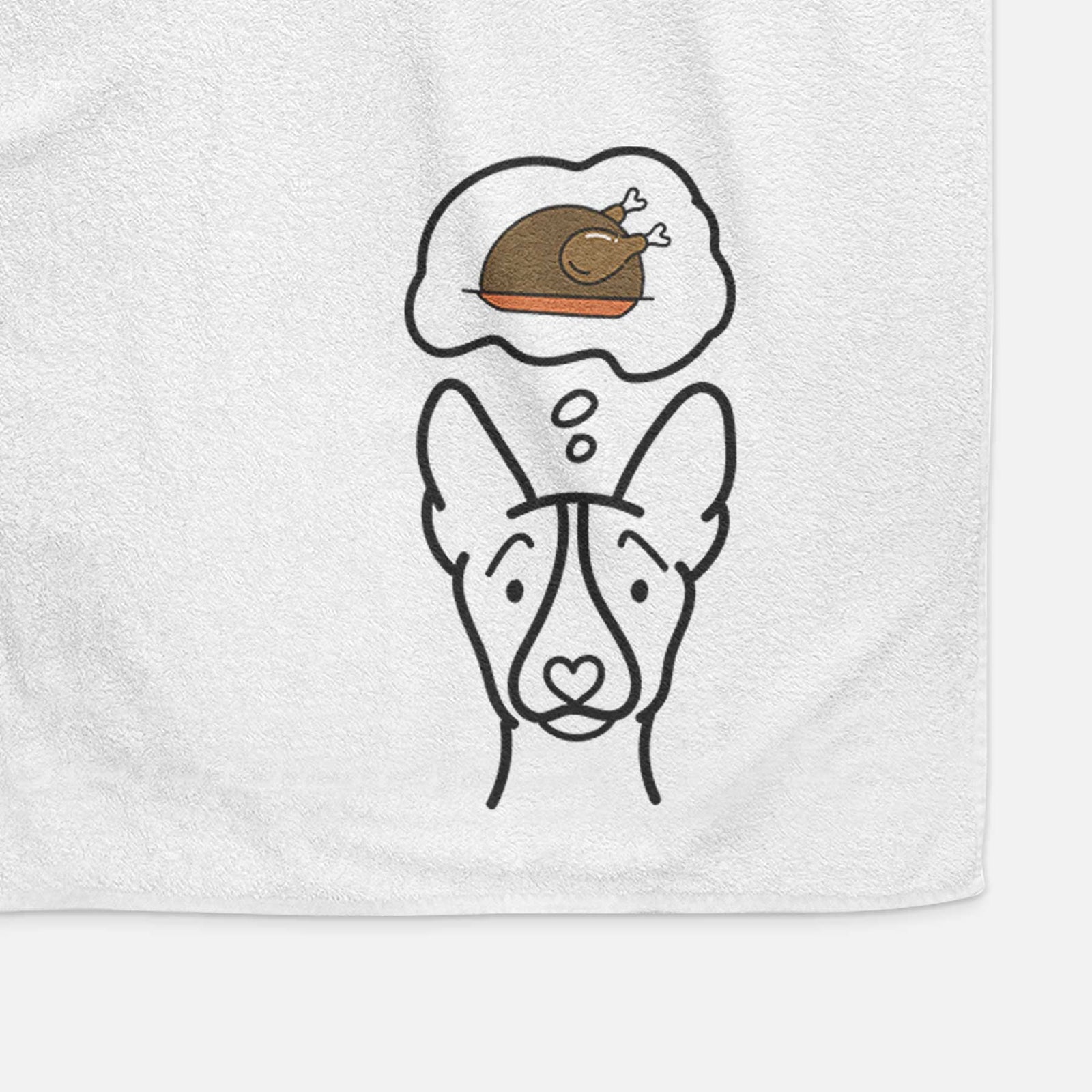Minimalist line drawing of a Basenji with a little turkey on a decorative hand towel