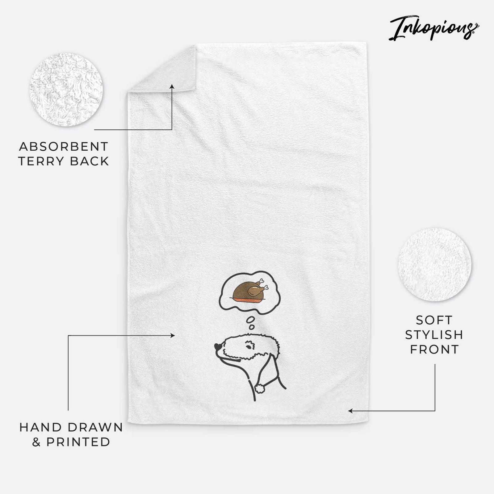 Minimalist line drawing of a Bedlington Terrier with a little turkey on a decorative hand towel
