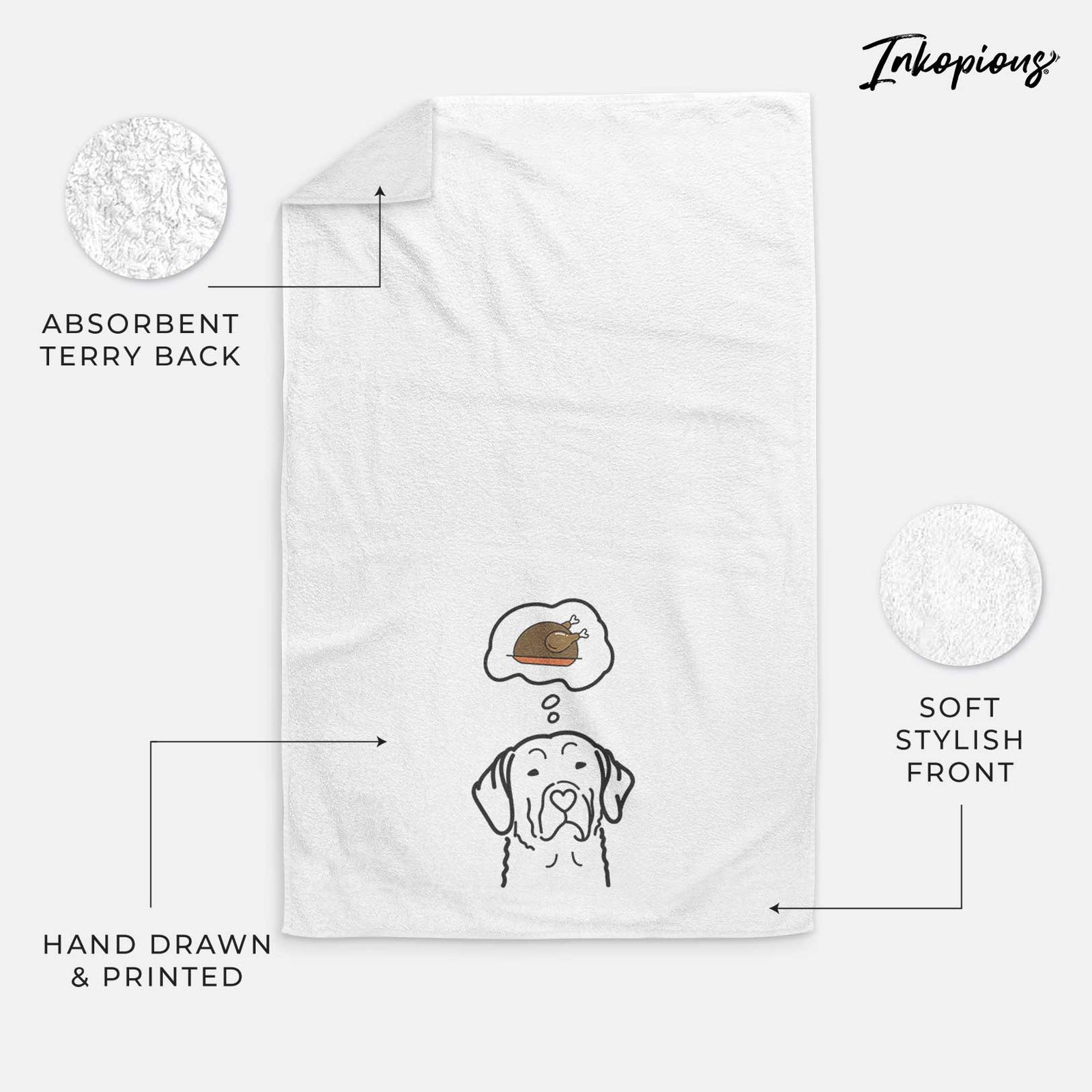 Minimalist line drawing of a Chesapeake Bay Retriever with a little turkey on a decorative hand towel