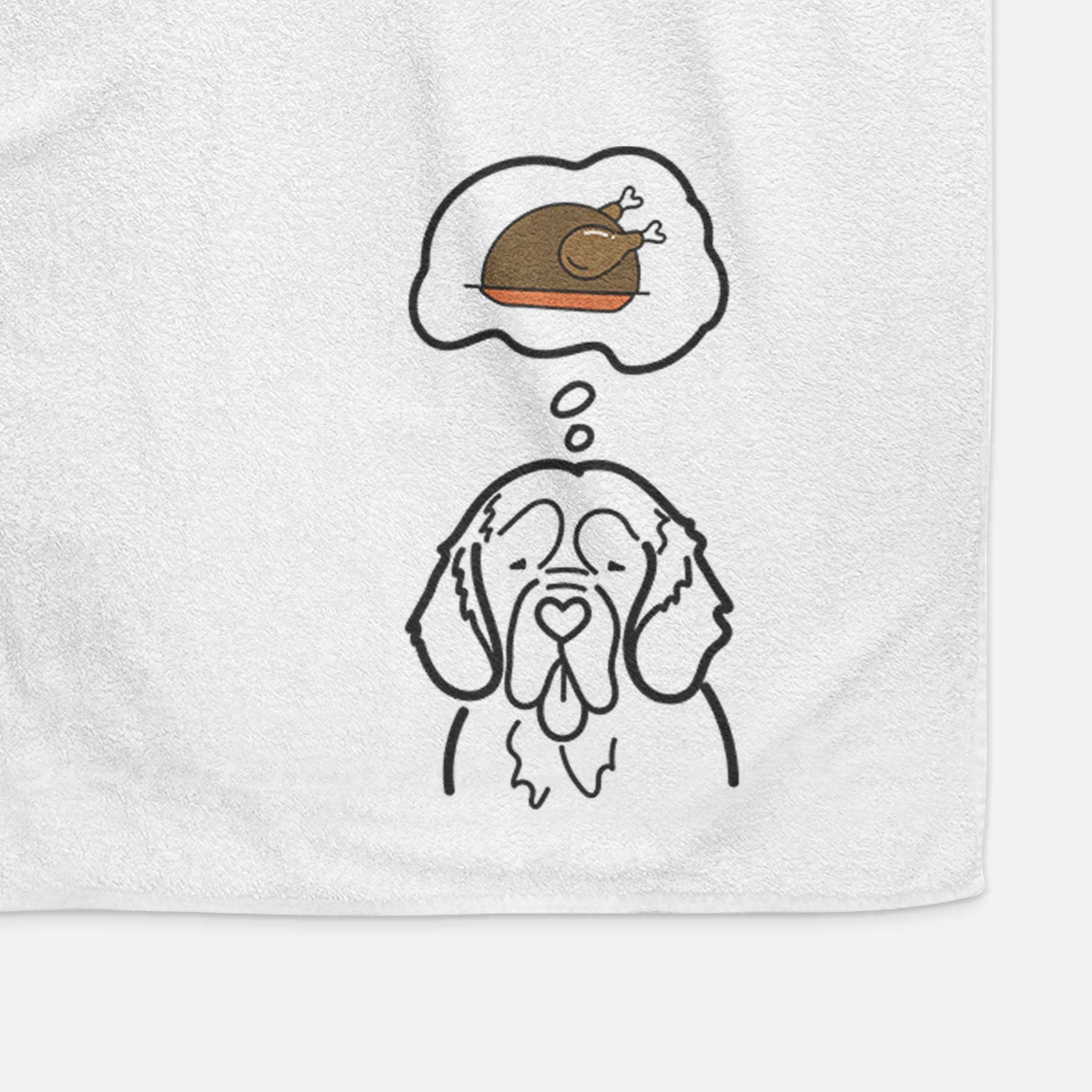 Minimalist line drawing of a Clumber Spaniel with a little turkey on a decorative hand towel