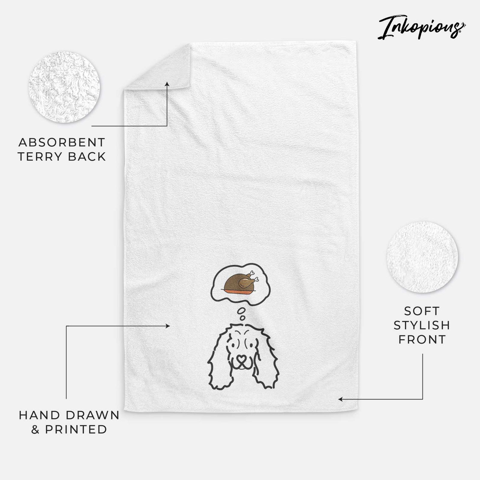 Minimalist line drawing of an American Cocker Spaniel with a little turkey on a decorative hand towel