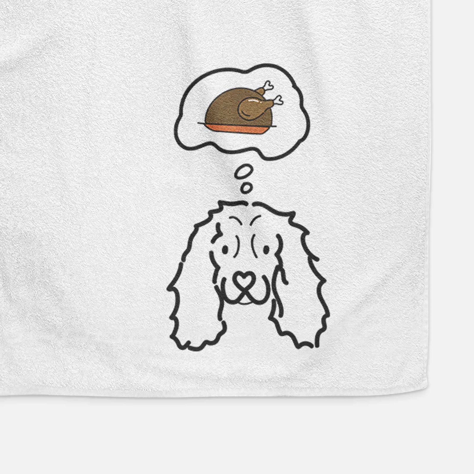 Minimalist line drawing of an American Cocker Spaniel with a little turkey on a decorative hand towel