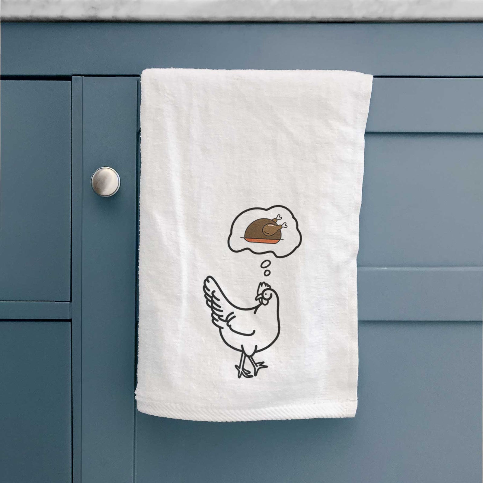 Minimalist line drawing of Daisy the Chicken with a little turkey on a decorative hand towel