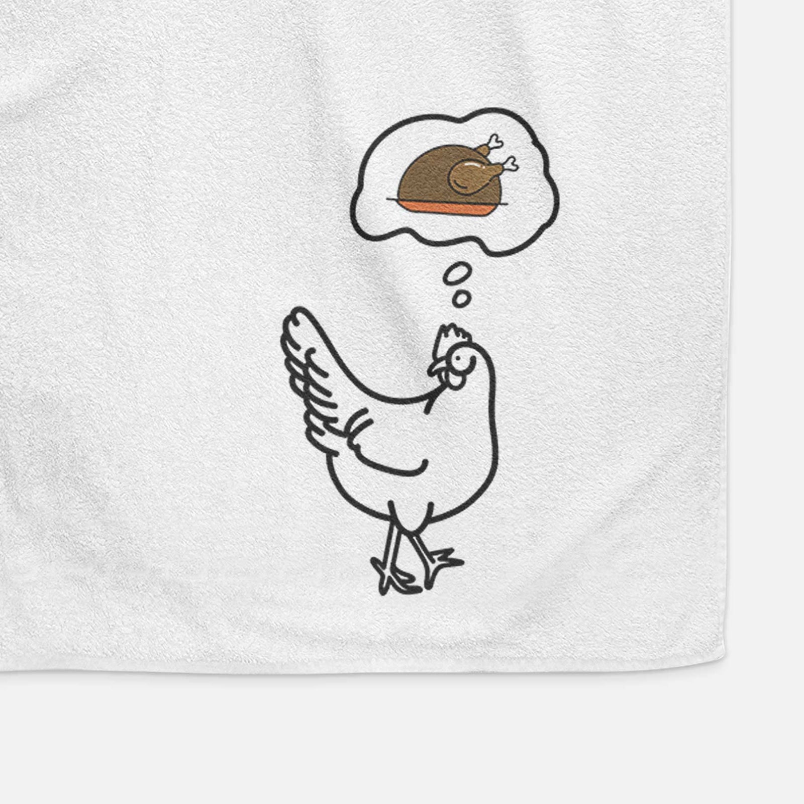Minimalist line drawing of Daisy the Chicken with a little turkey on a decorative hand towel