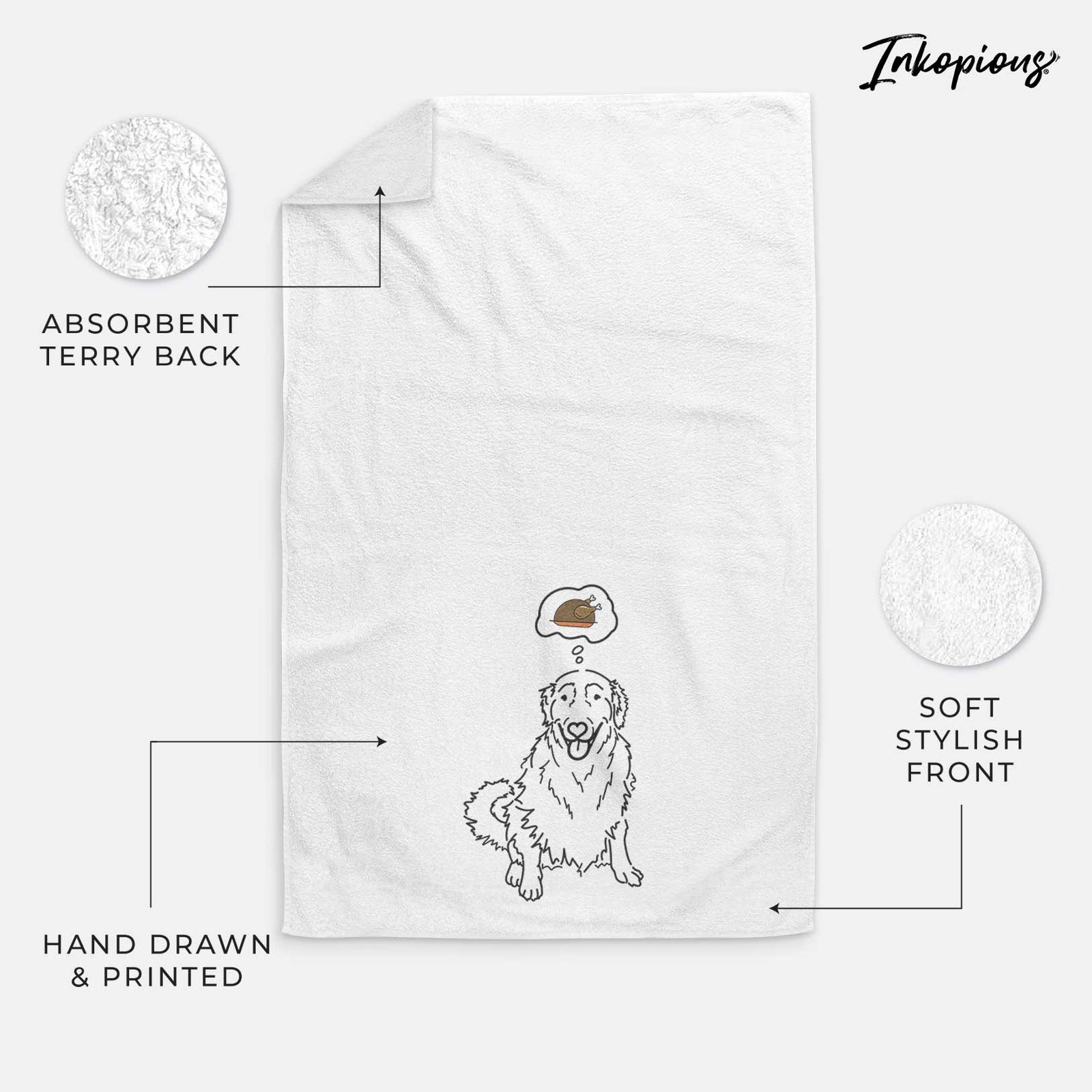 Minimalist line drawing of Daisy the Golden Retriever with a little turkey on a decorative hand towel