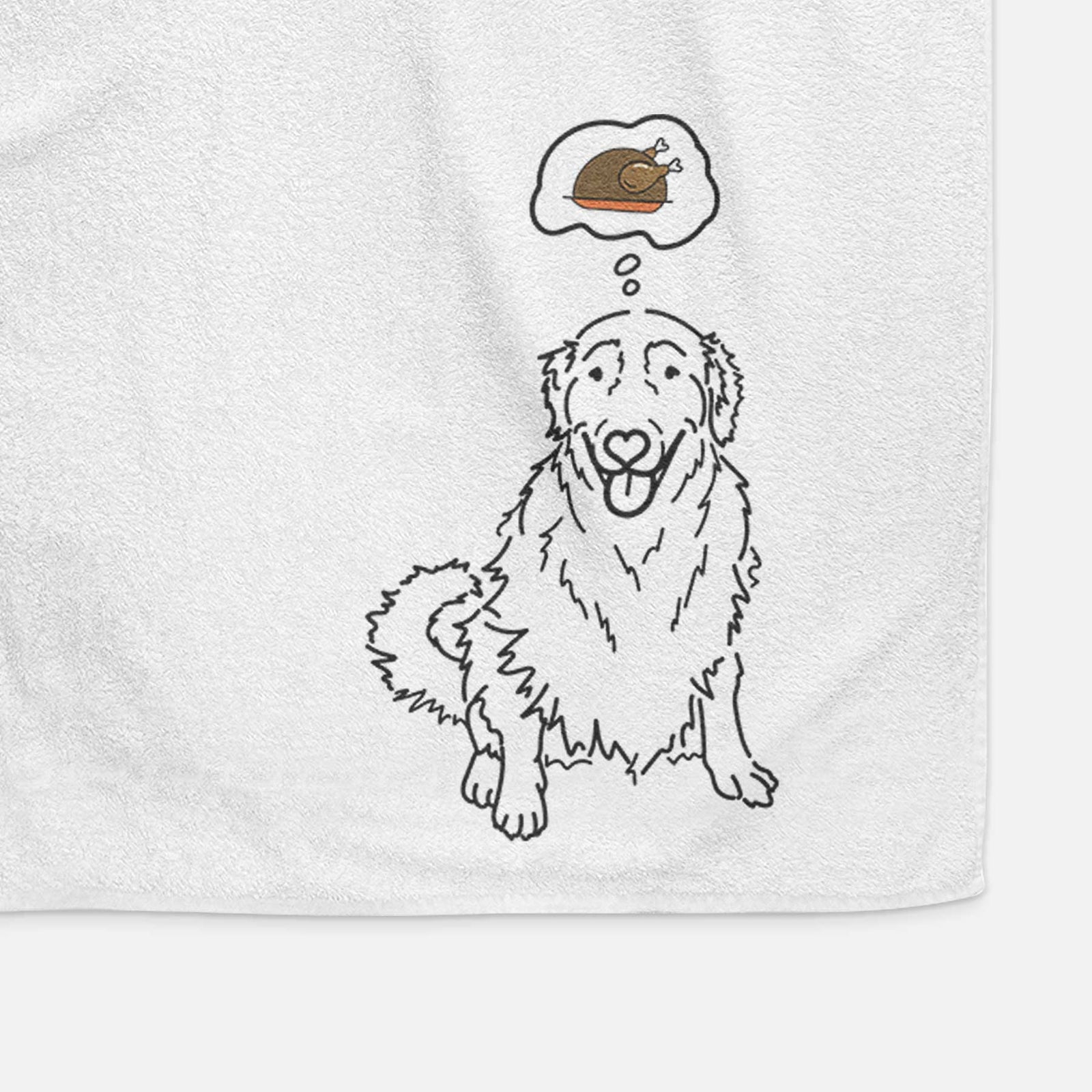 Minimalist line drawing of Daisy the Golden Retriever with a little turkey on a decorative hand towel