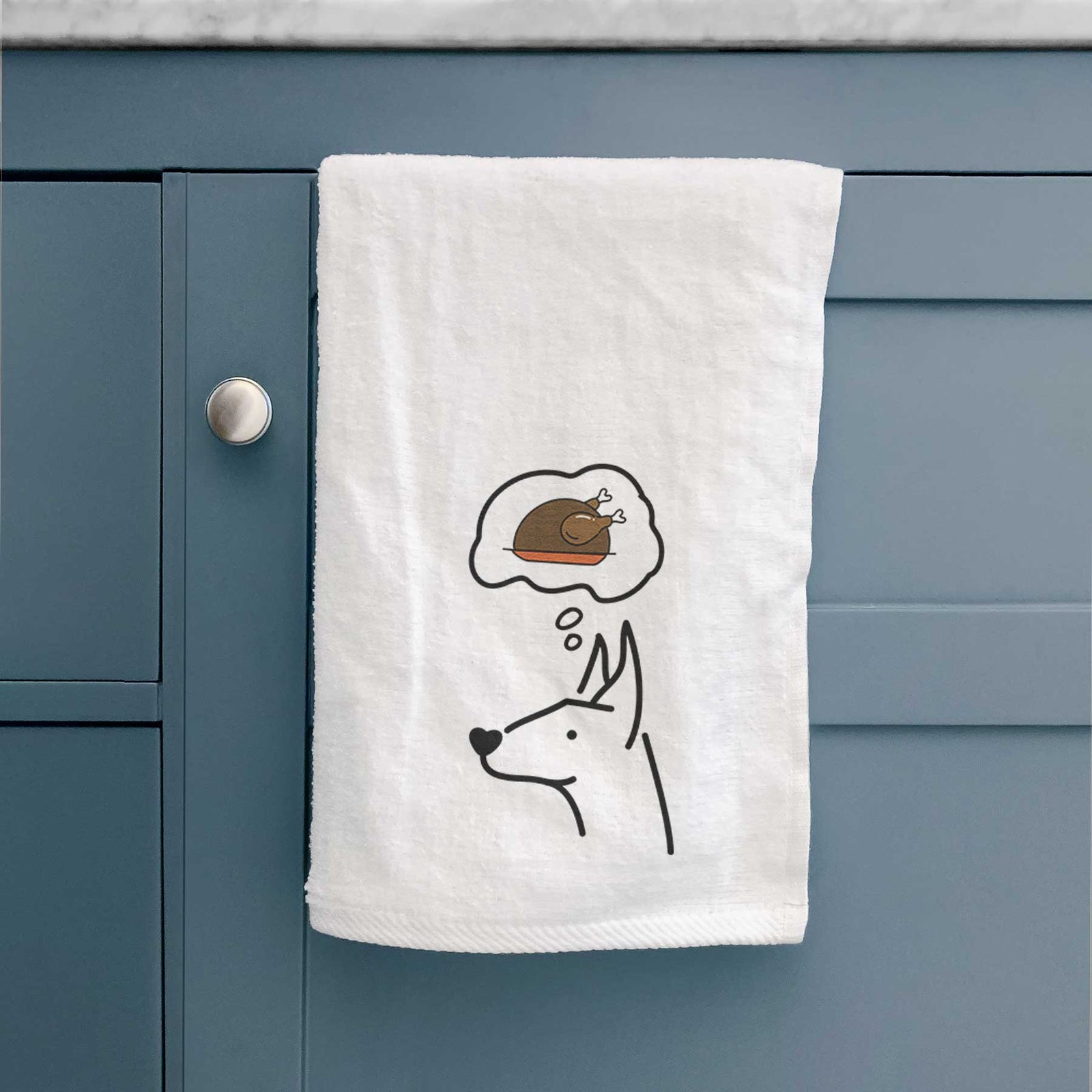 Minimalist line drawing of a Doberman Pinscher with a little turkey on a decorative hand towel