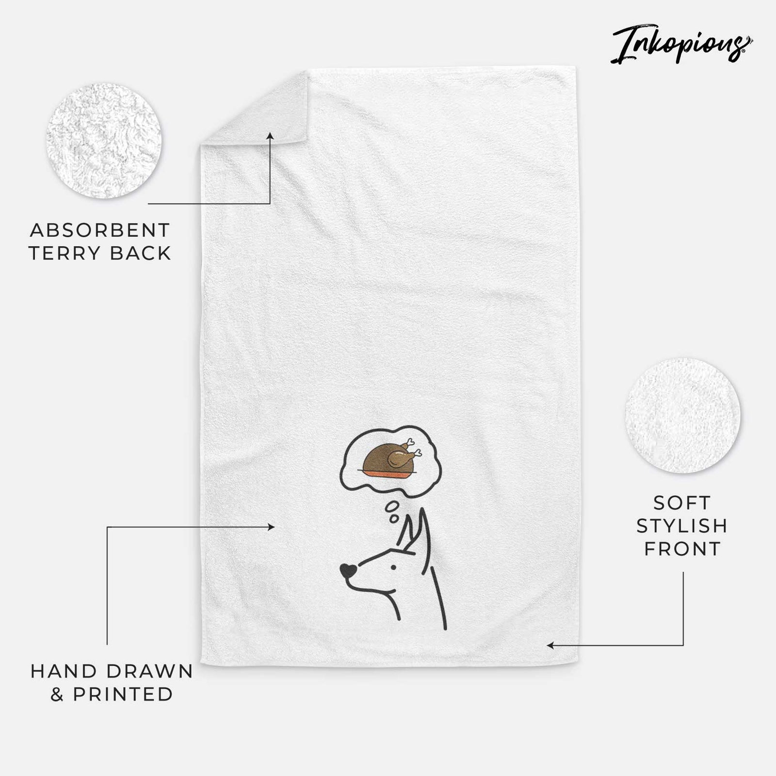 Minimalist line drawing of a Doberman Pinscher with a little turkey on a decorative hand towel