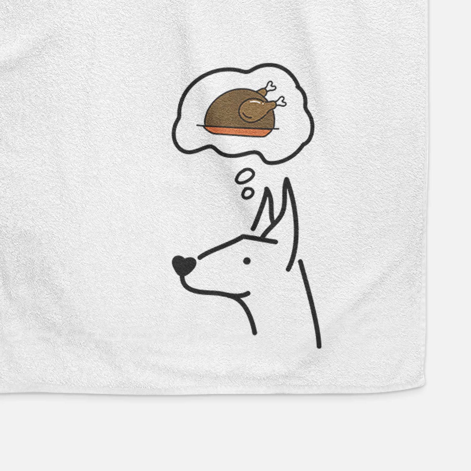 Minimalist line drawing of a Doberman Pinscher with a little turkey on a decorative hand towel