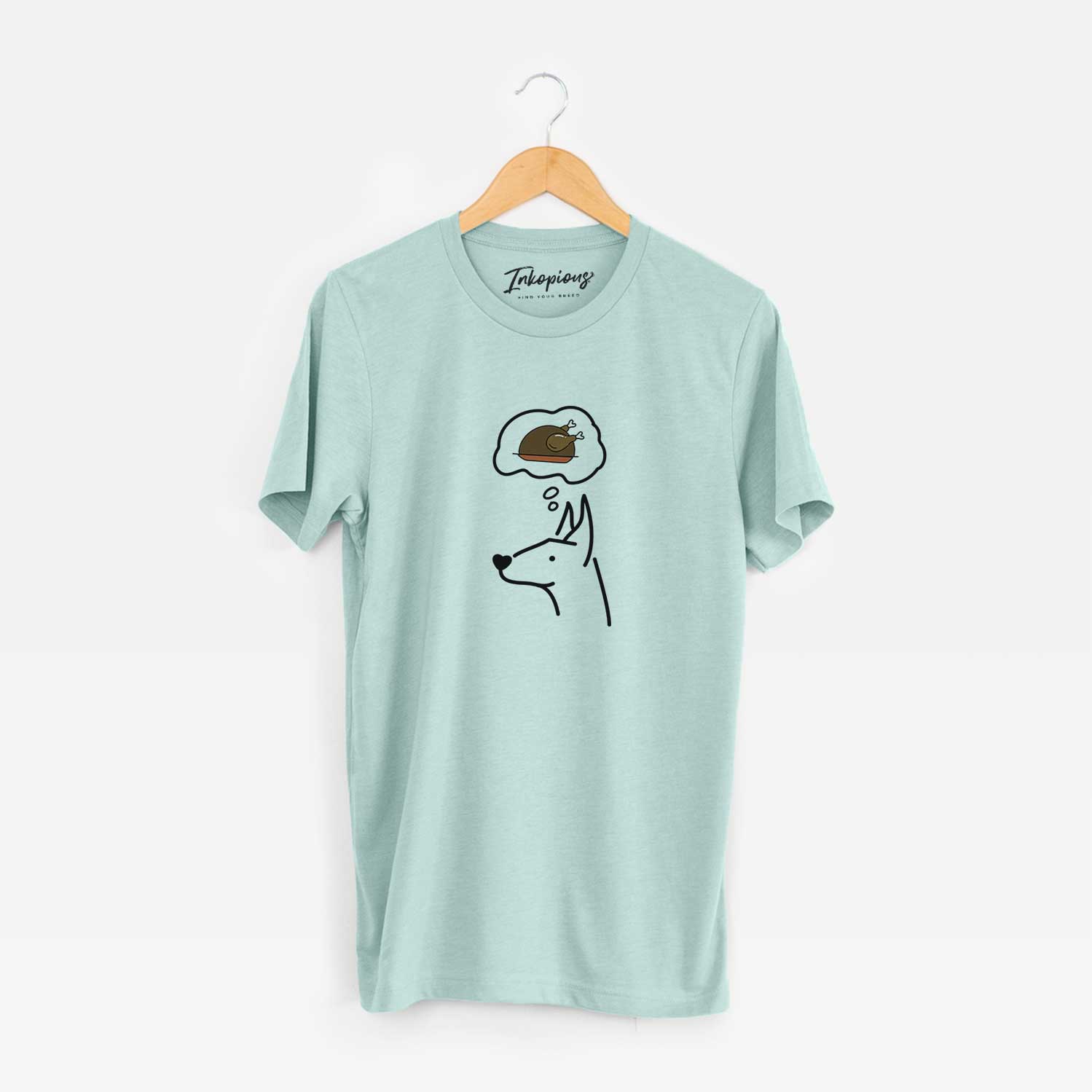 Minimalist line drawing of a Doberman Pinscher with a little turkey on a Heather Sage Unisex crewneck