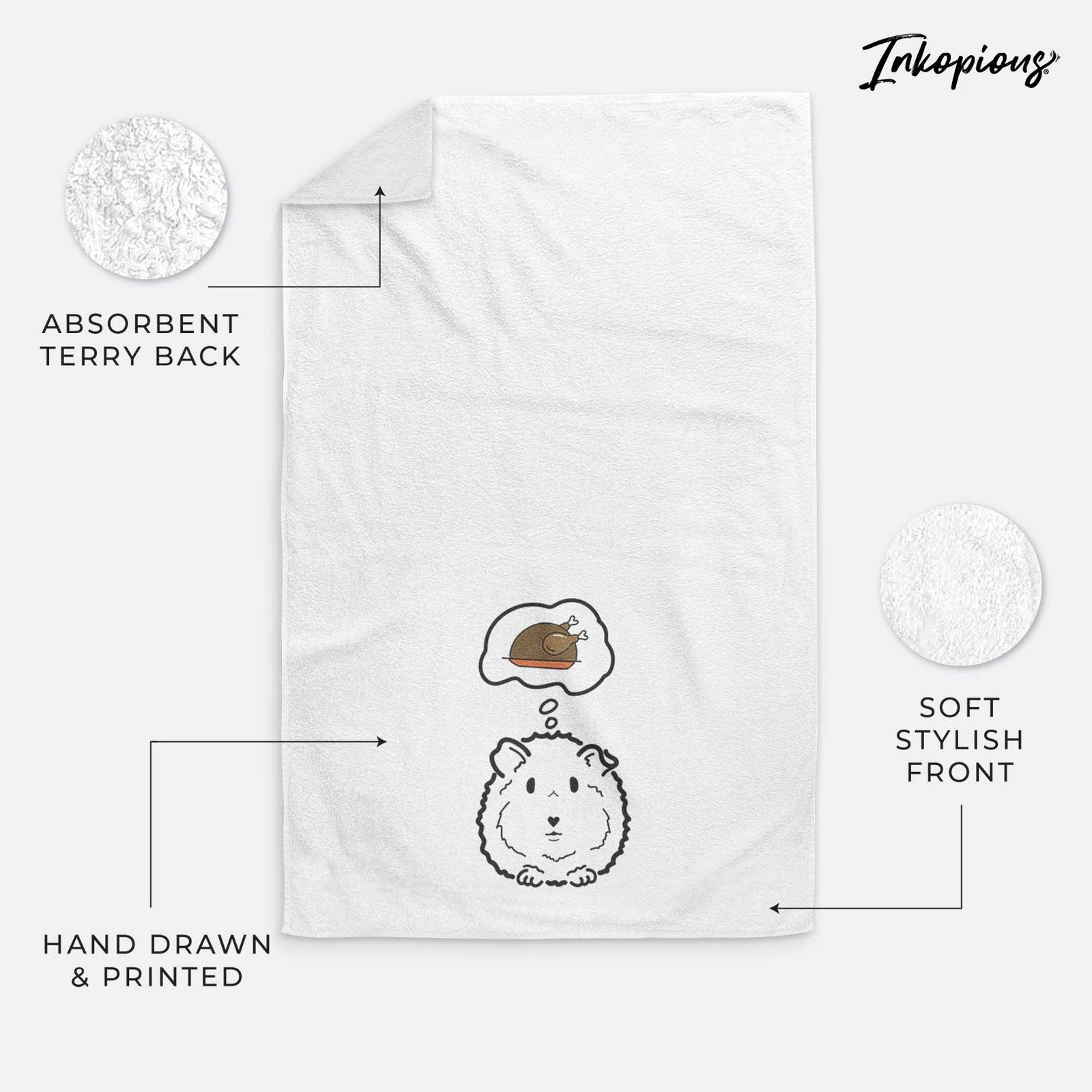 Minimalist line drawing of Duke the Guinea Pig with a little turkey on a decorative hand towel