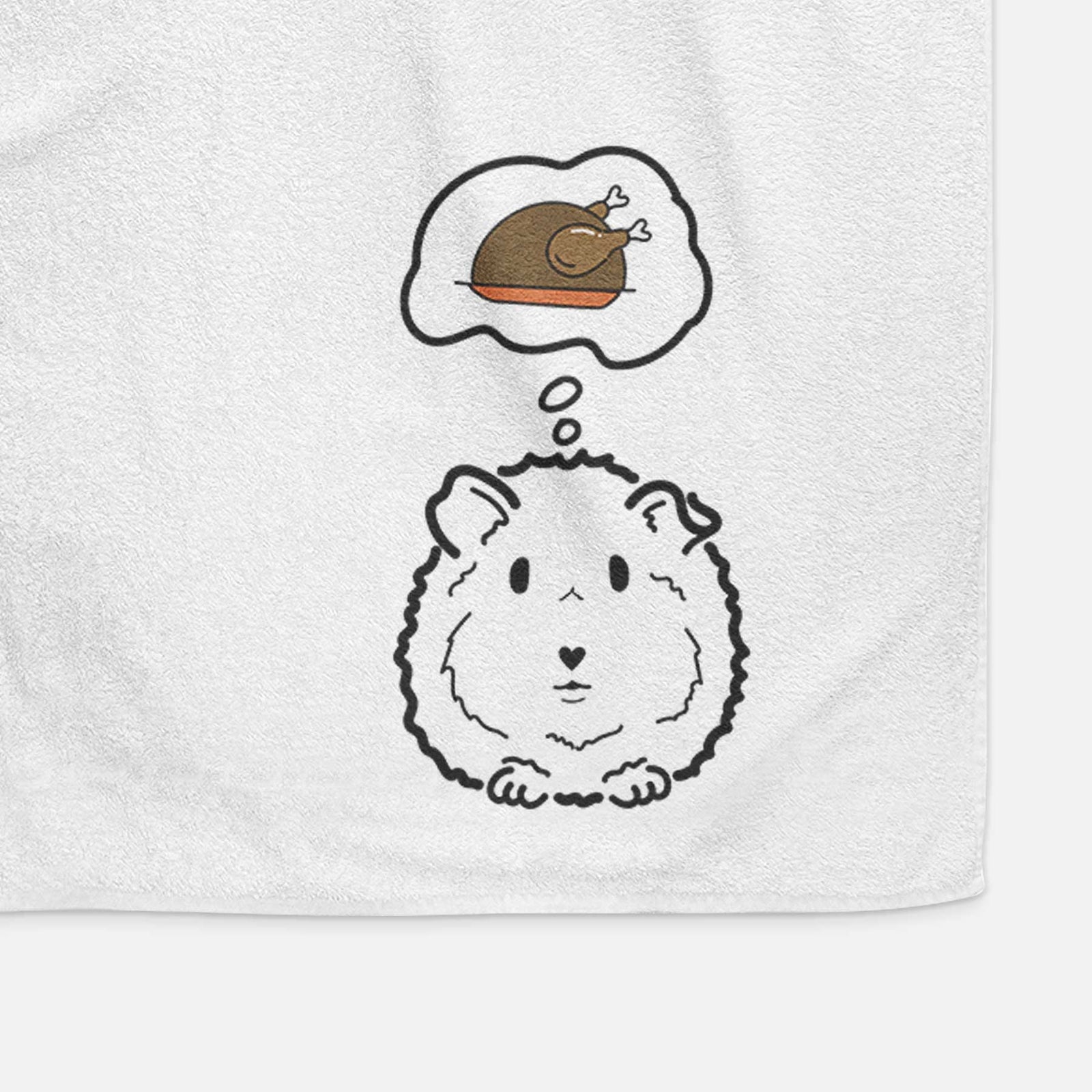Minimalist line drawing of Duke the Guinea Pig with a little turkey on a decorative hand towel