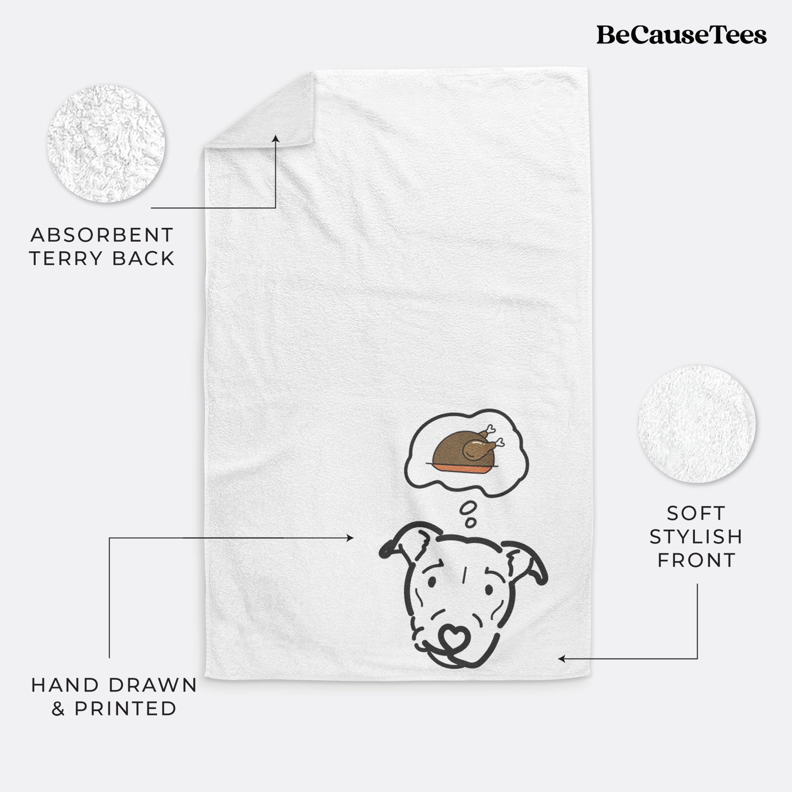 Minimalist line drawing of Ernie the Pitbull Mix with a little turkey on a decorative hand towel