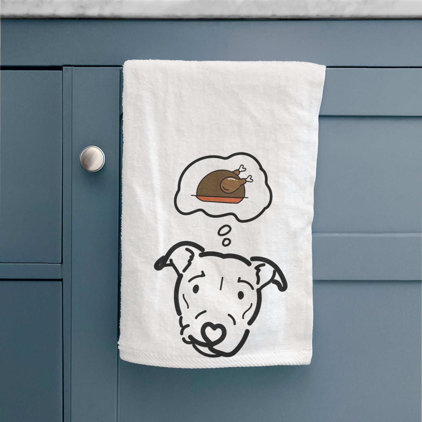 Minimalist line drawing of Ernie the Pitbull Mix with a little turkey on a decorative hand towel