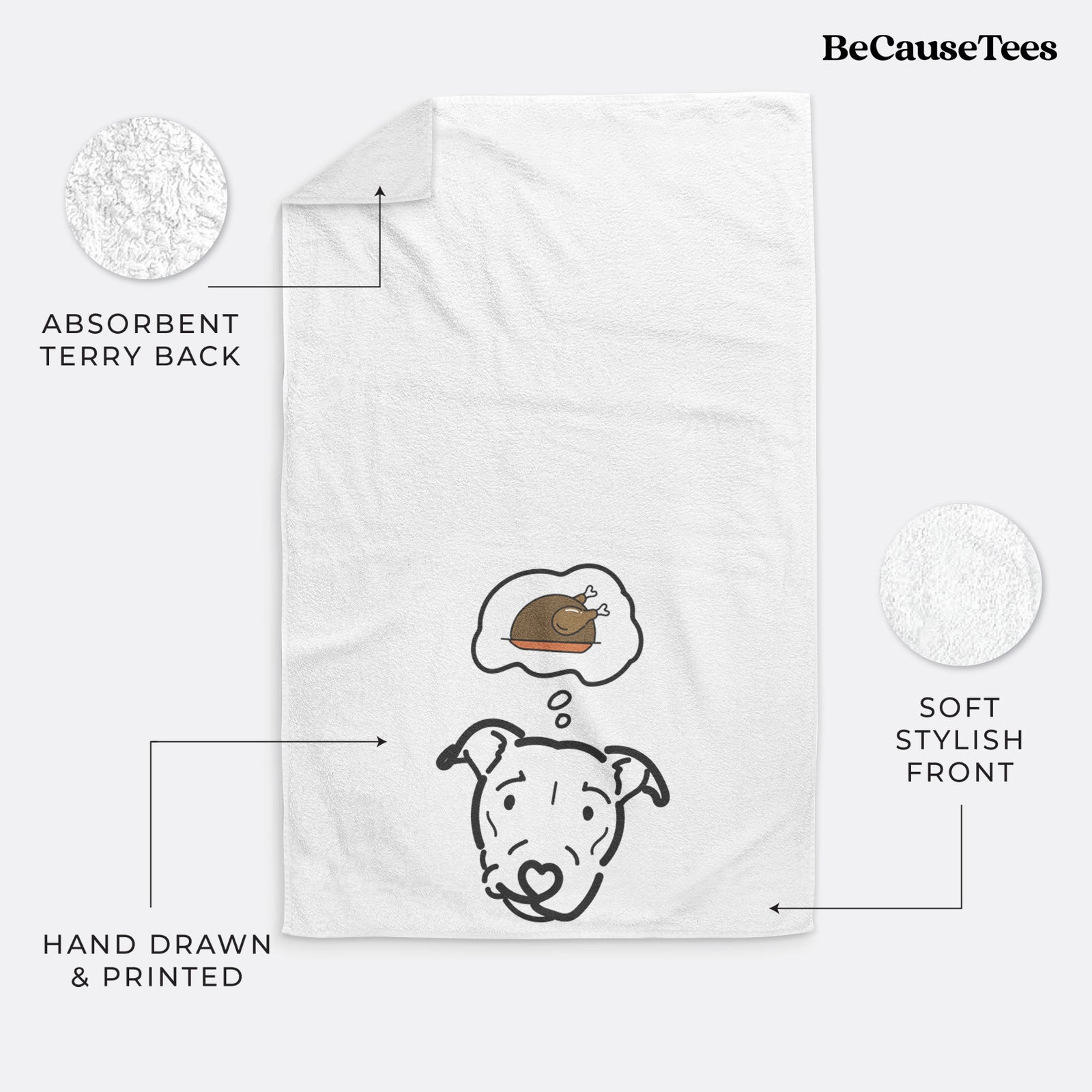 Minimalist line drawing of Ernie the Pitbull Mix with a little turkey on a decorative hand towel