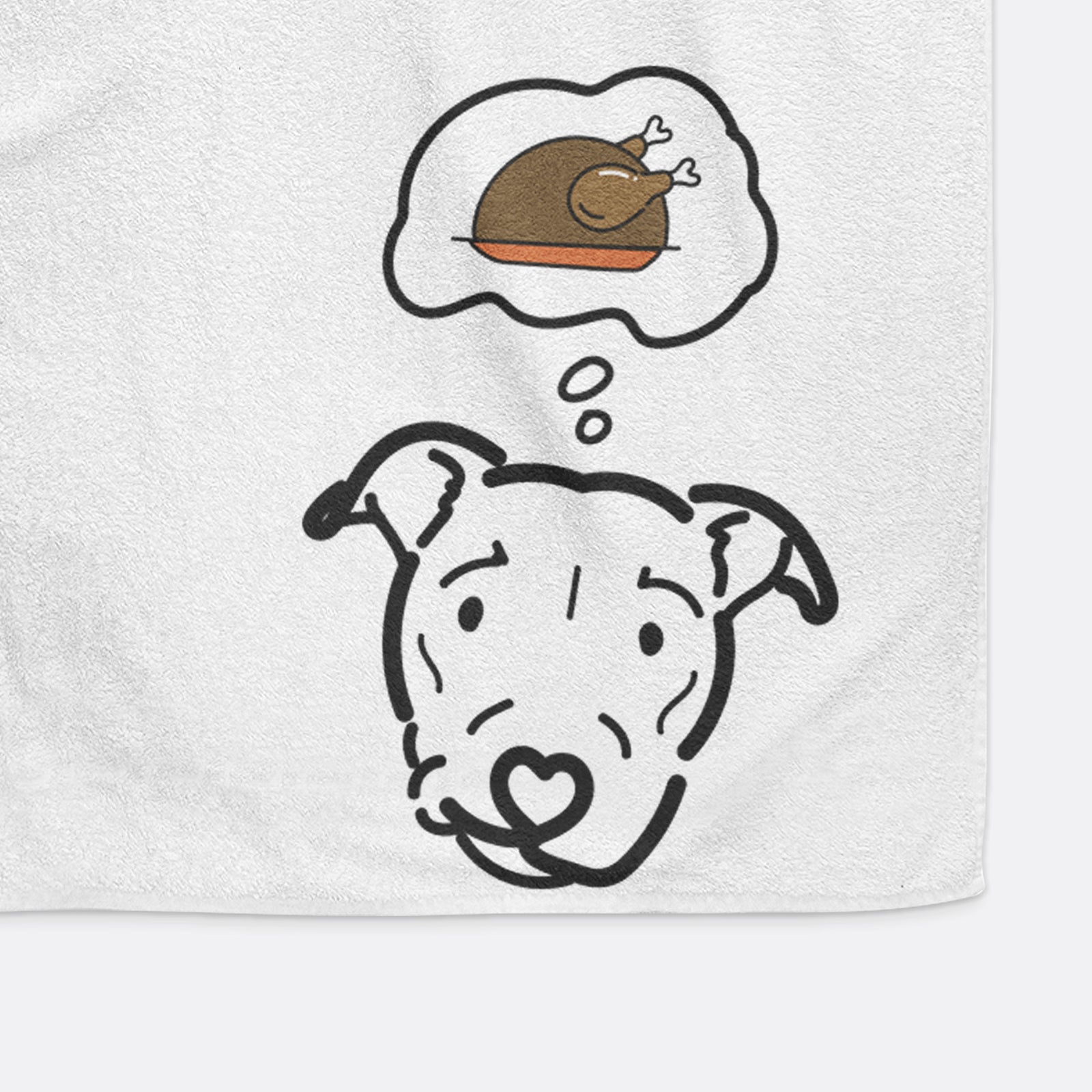 Minimalist line drawing of Ernie the Pitbull Mix with a little turkey on a decorative hand towel