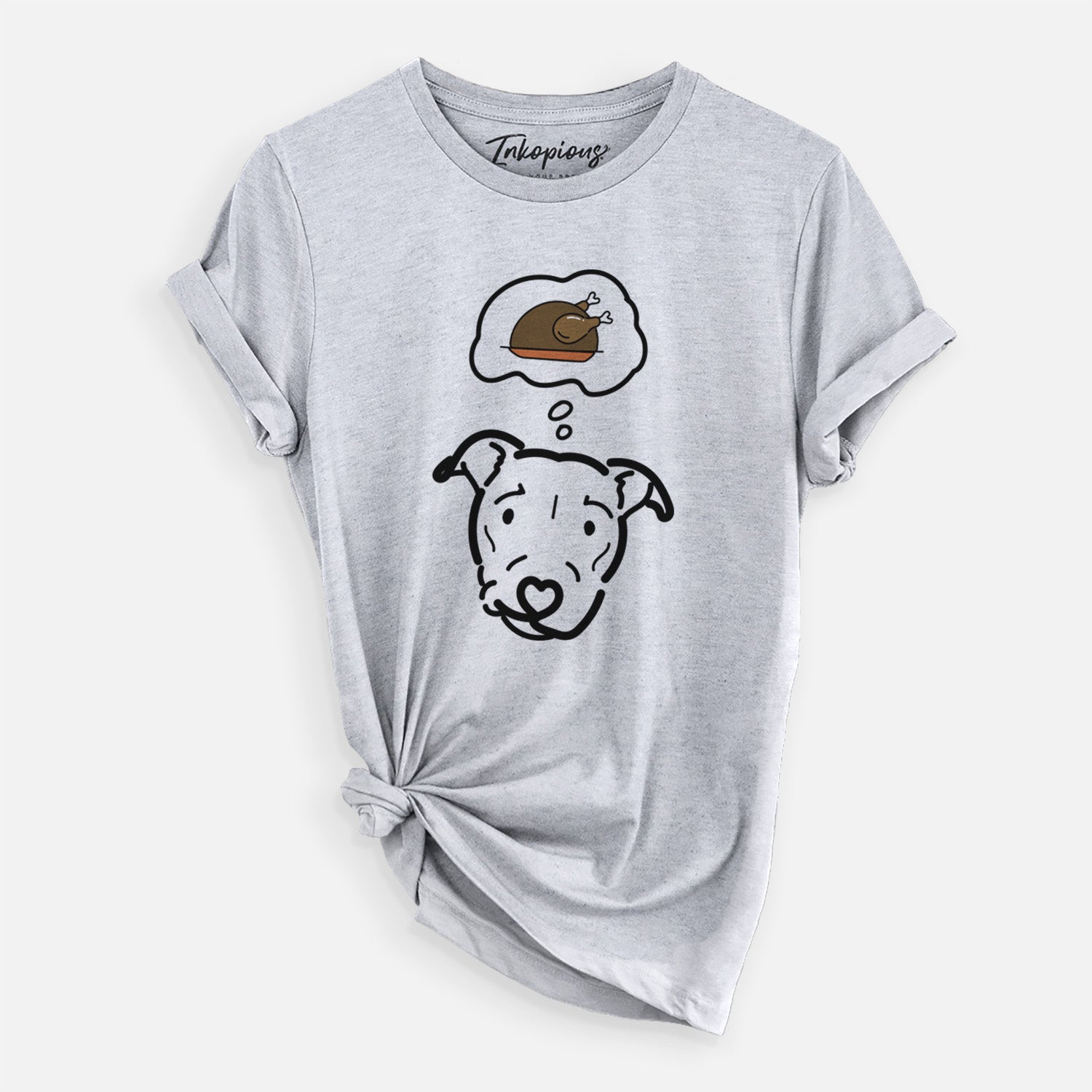 Minimalist line drawing of Ernie the Pitbull Mix with a little turkey on a Grey Unisex crewneck