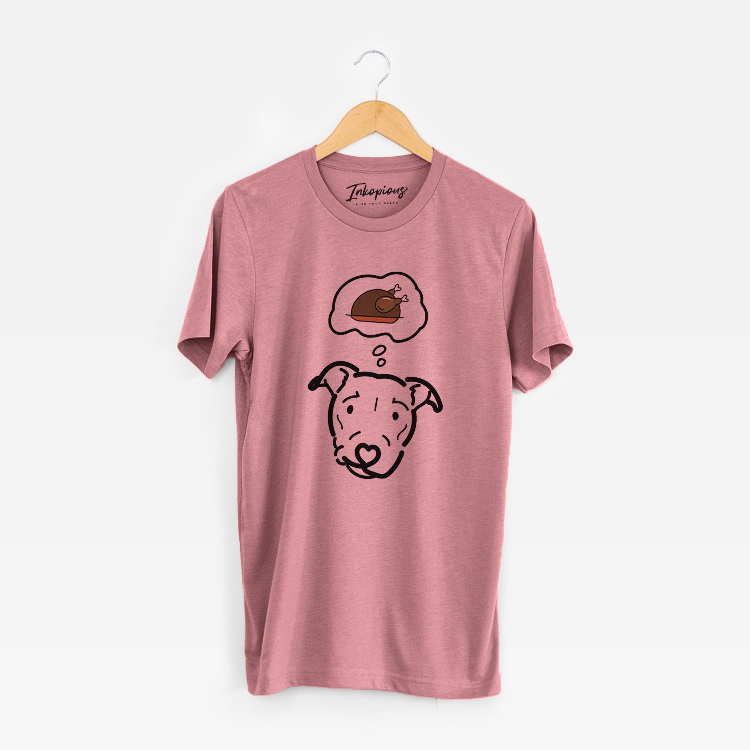 Minimalist line drawing of Ernie the Pitbull Mix with a little turkey on a Mauve Unisex crewneck