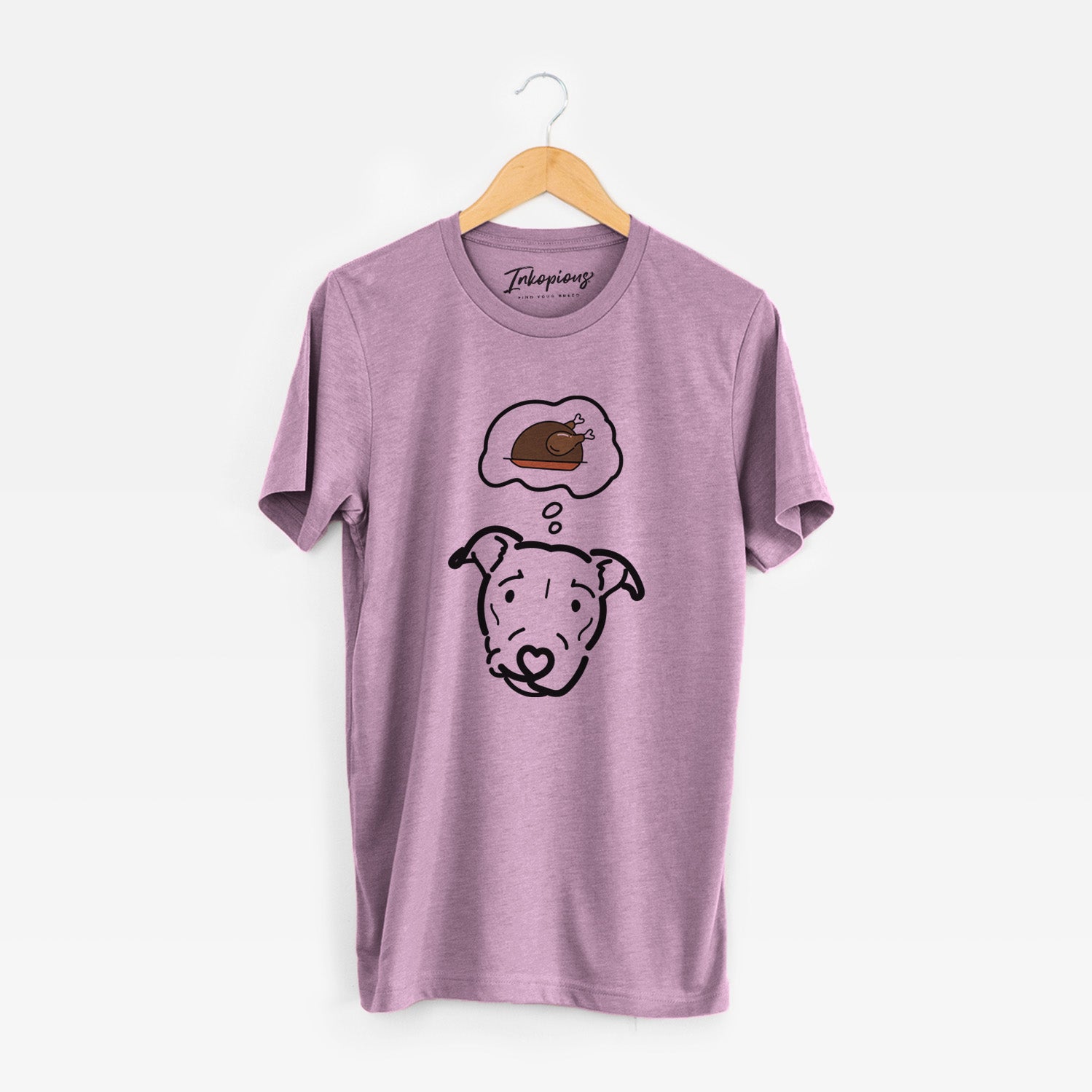 Minimalist line drawing of Ernie the Pitbull Mix with a little turkey on an Orchid Unisex crewneck