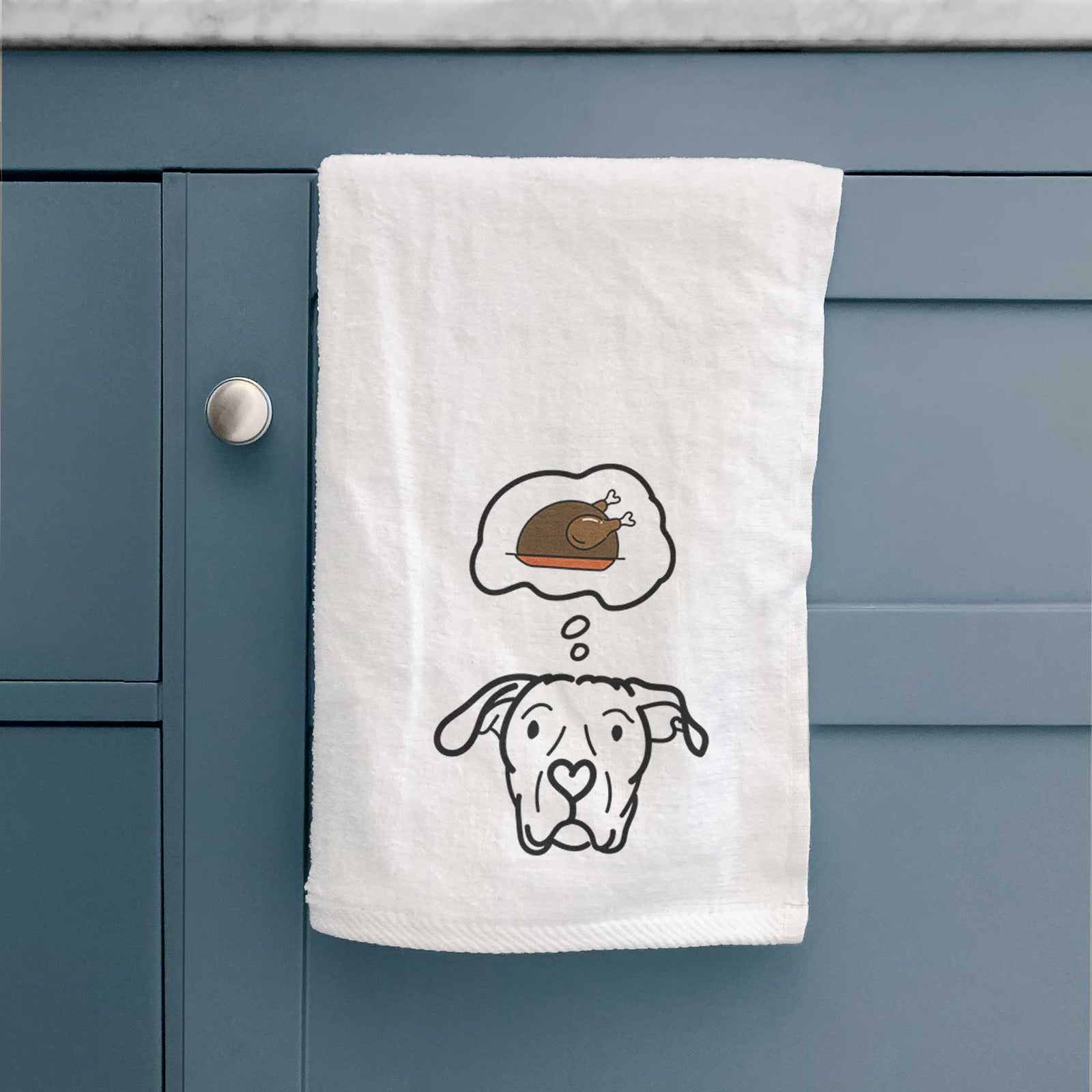 Minimalist line drawing of Genevieve the Dogo Argentino with a little turkey on a decorative hand towel