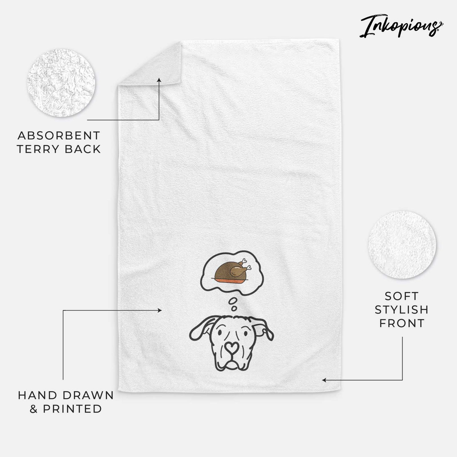 Minimalist line drawing of Genevieve the Dogo Argentino with a little turkey on a decorative hand towel