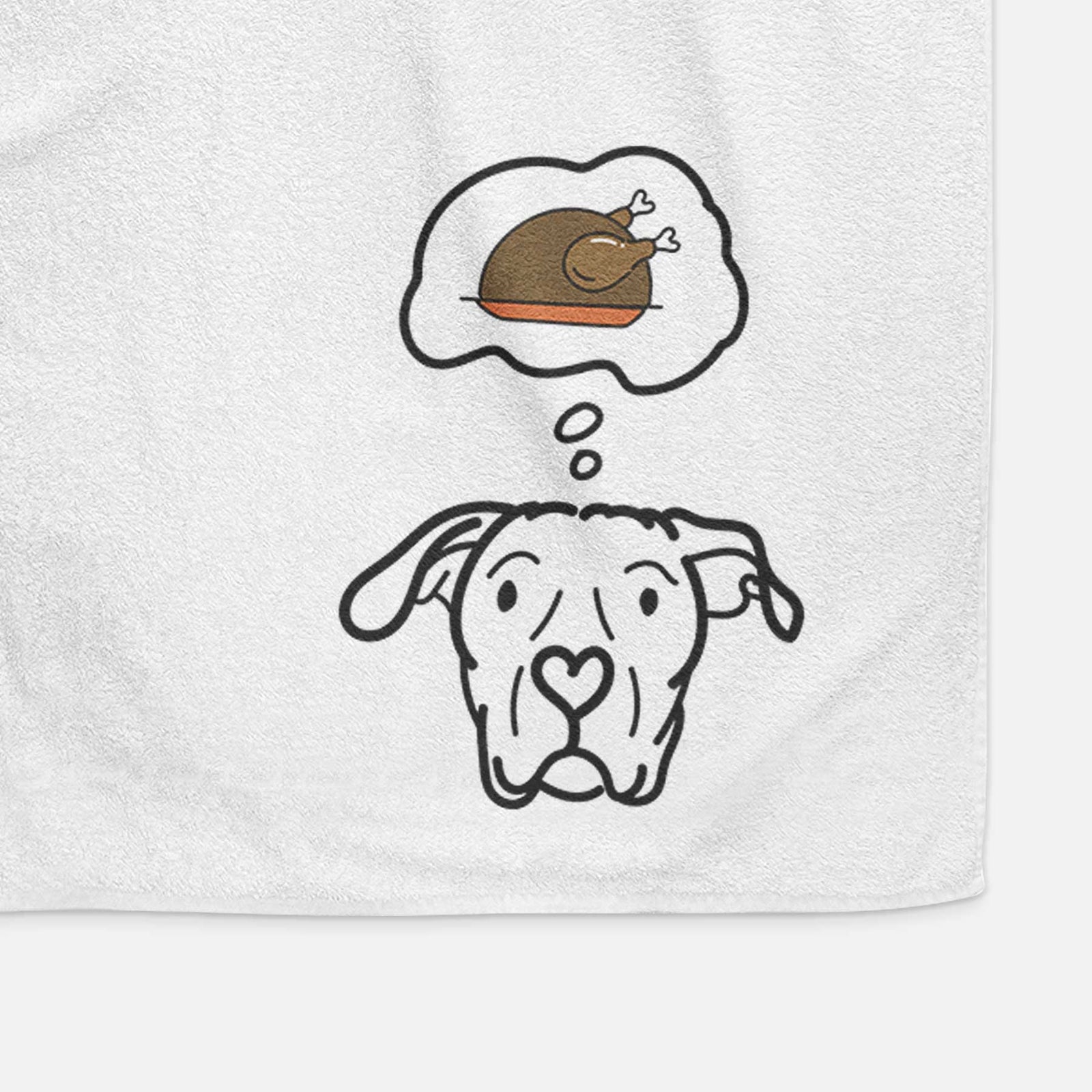 Minimalist line drawing of Genevieve the Dogo Argentino with a little turkey on a decorative hand towel