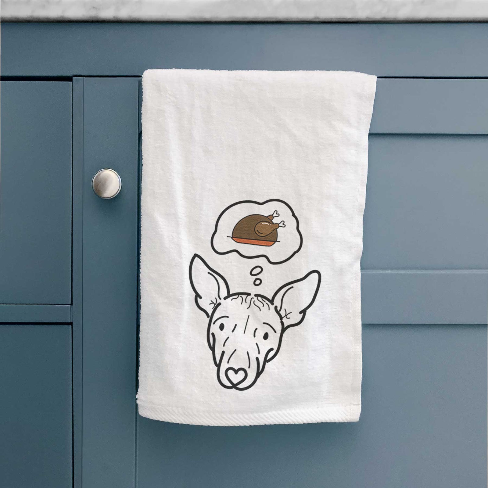 Minimalist line drawing of Georgia the American Hairless Terrier with a little turkey on a decorative hand towel
