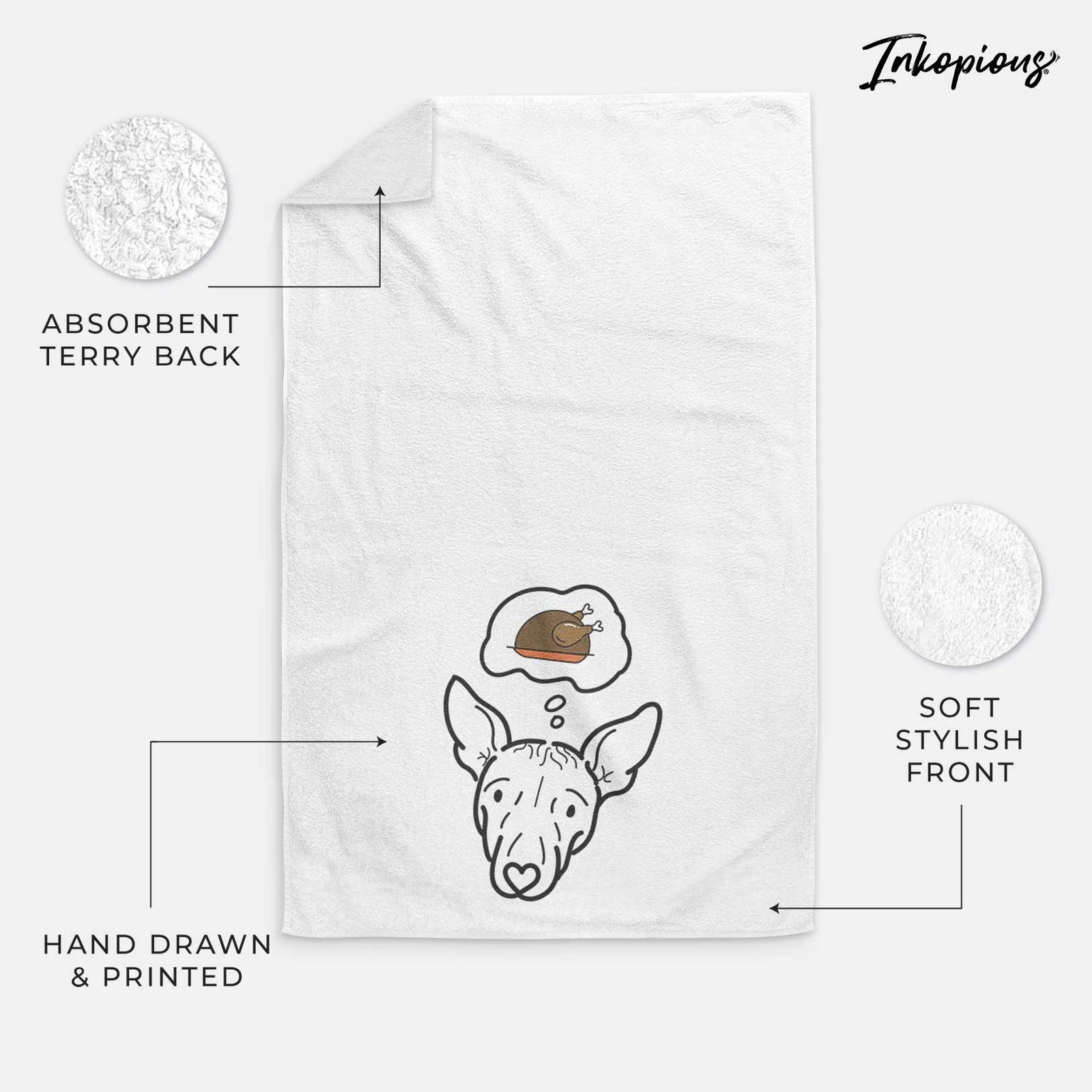 Minimalist line drawing of Georgia the American Hairless Terrier with a little turkey on a decorative hand towel