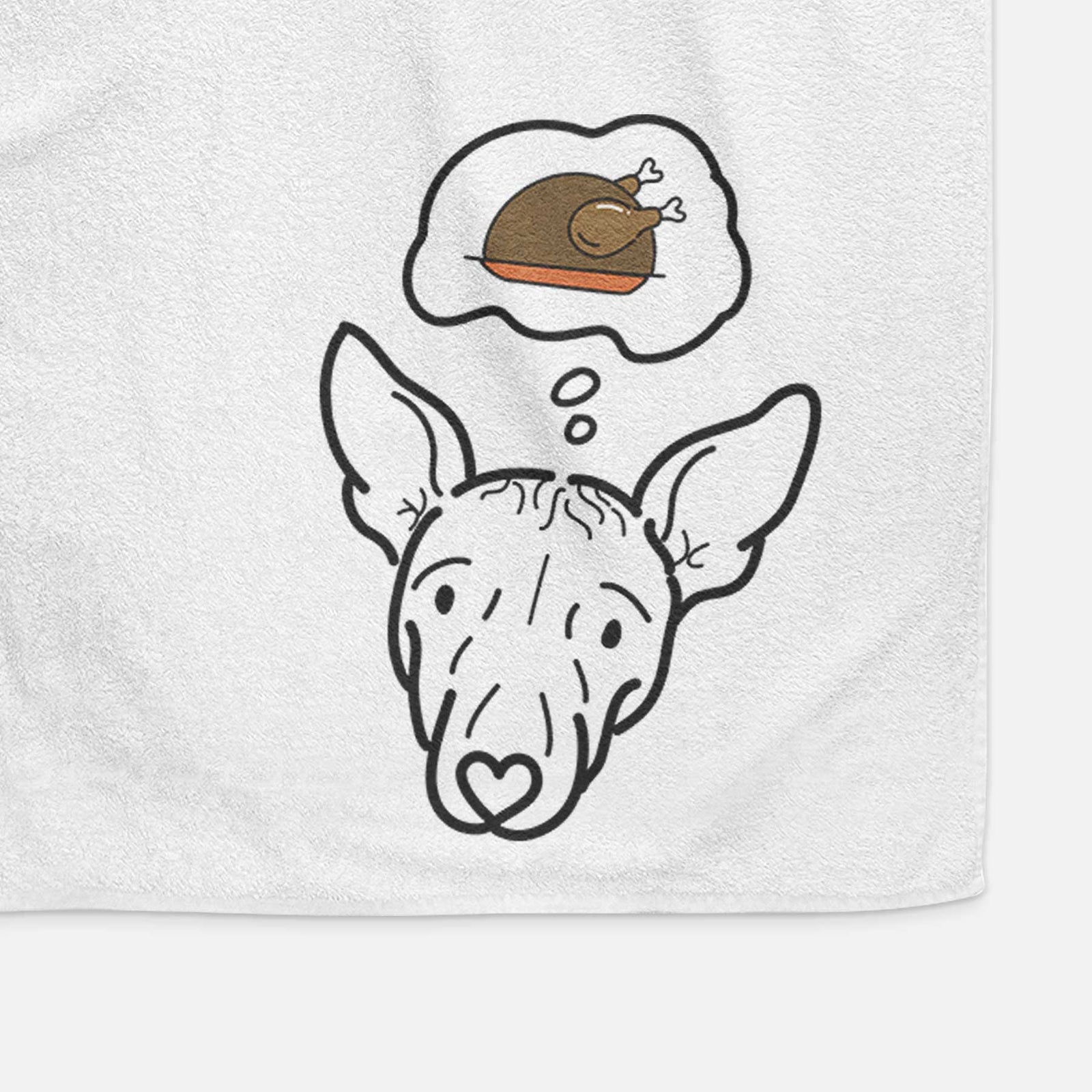 Minimalist line drawing of Georgia the American Hairless Terrier with a little turkey on a decorative hand towel