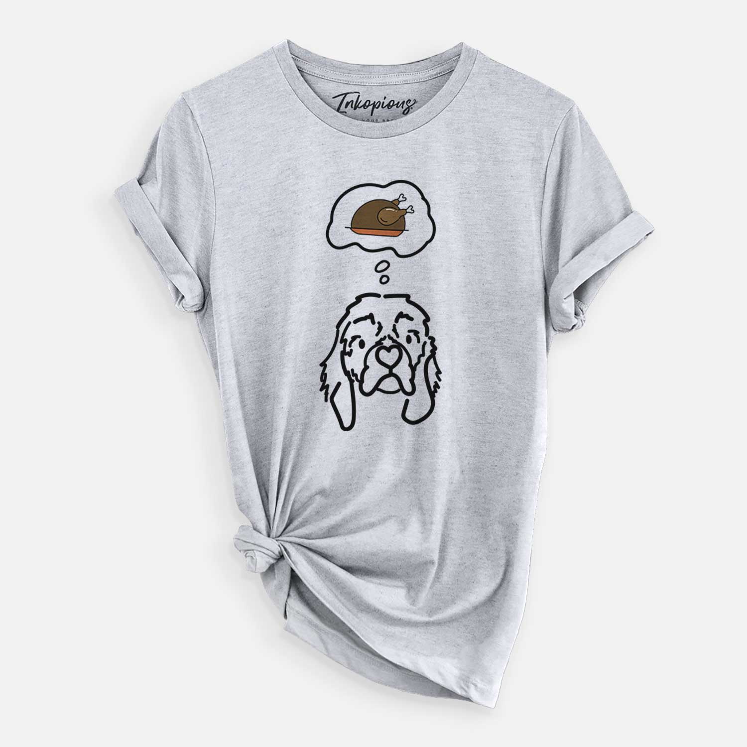 Minimalist line drawing of GiGi the Cocker Spaniel with a little turkey on a Grey Unisex crewneck