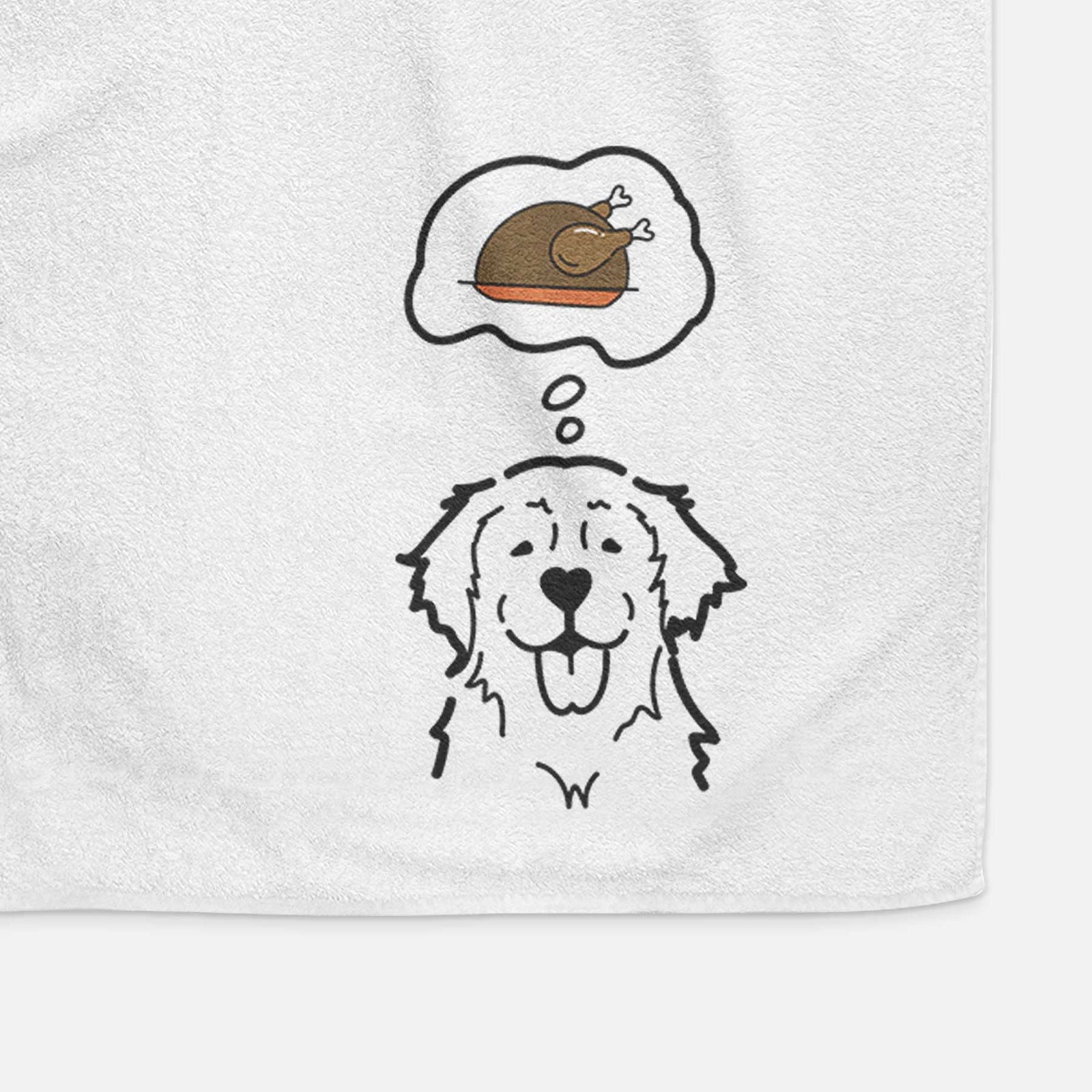 Minimalist line drawing of a Golden Retriever with a little turkey on a decorative hand towel