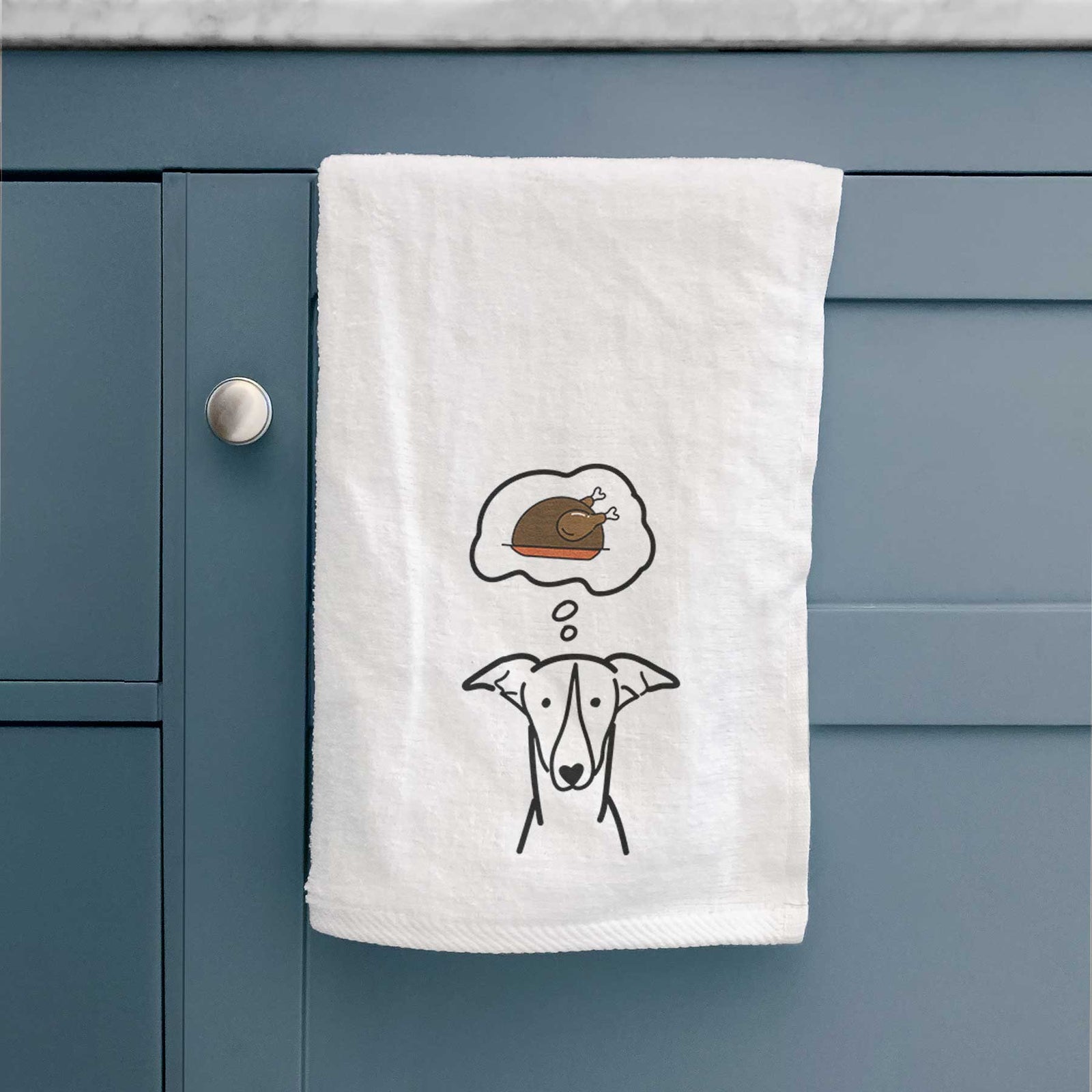 Minimalist line drawing of a Greyhound with a little turkey on a decorative hand towel