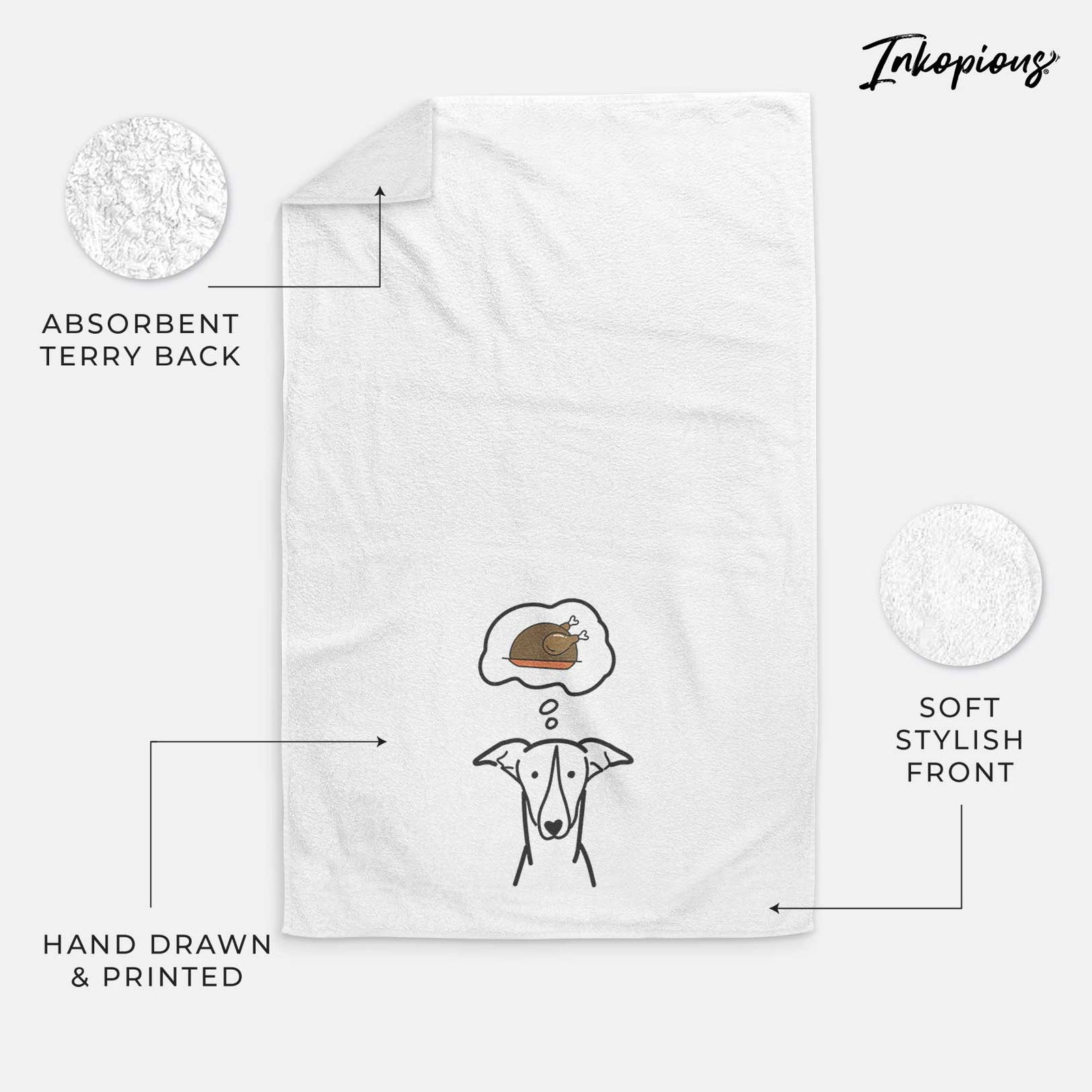 Minimalist line drawing of a Greyhound with a little turkey on a decorative hand towel