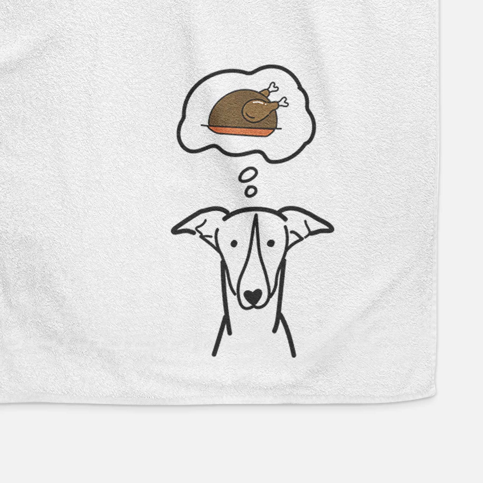 Minimalist line drawing of a Greyhound with a little turkey on a decorative hand towel