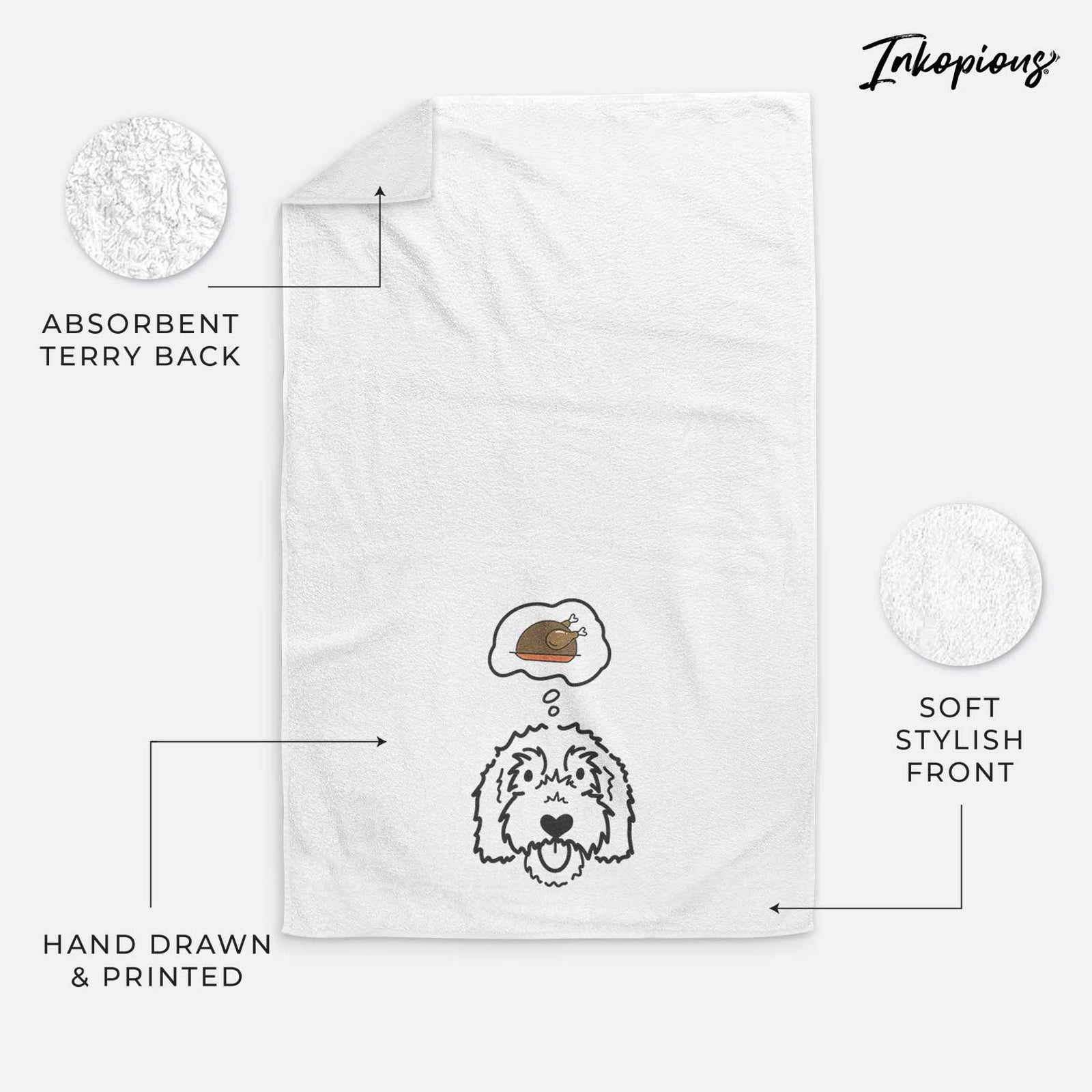 Minimalist line drawing of Gus the Goldendoodle with a little turkey on a decorative hand towel