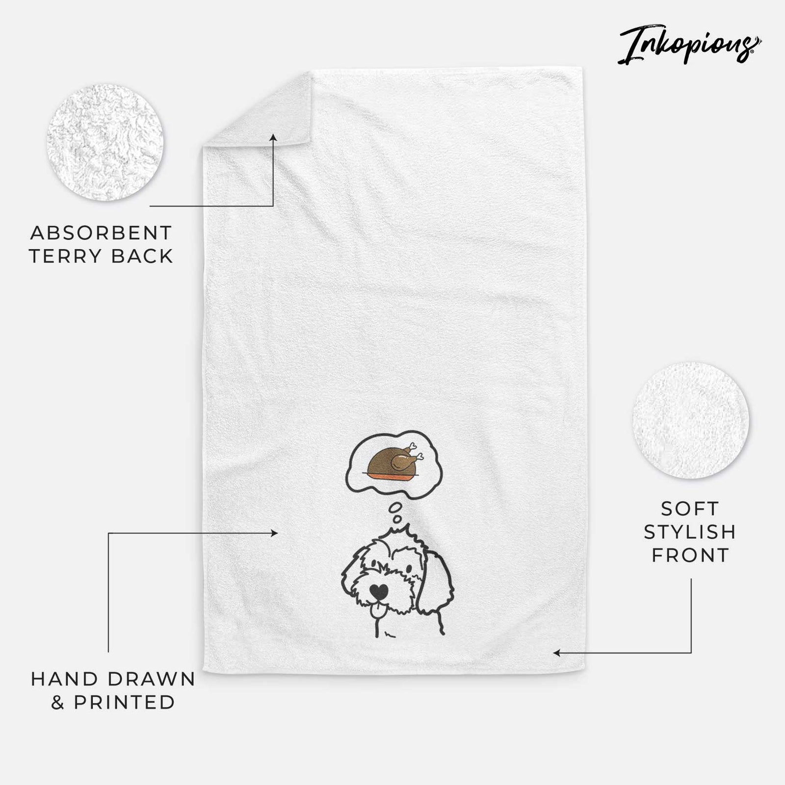 Minimalist line drawing of a Havapoo with a little turkey on a decorative hand towel