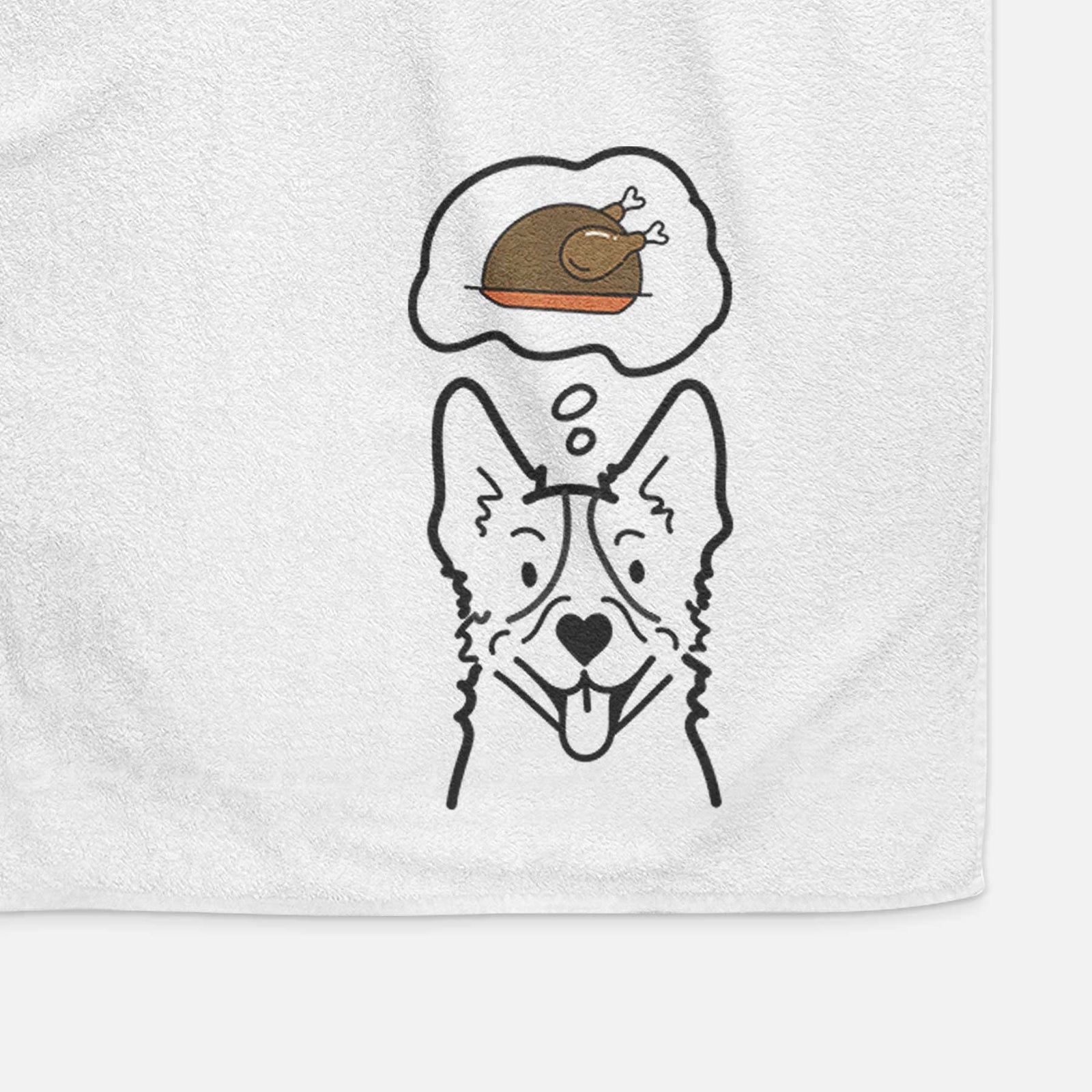 Minimalist line drawing of a Heeler with a little turkey on a decorative hand towel
