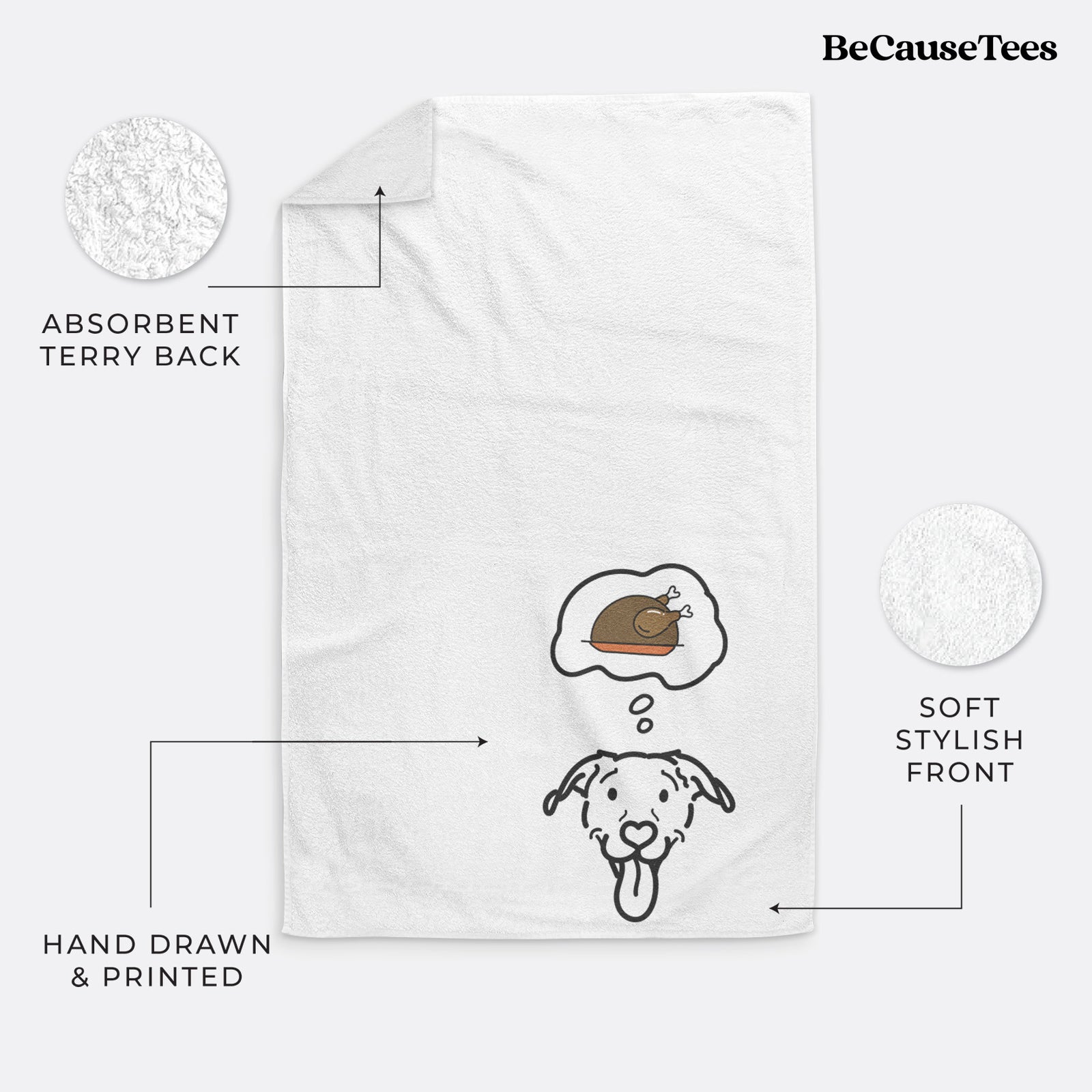Minimalist line drawing of Hemi the Pitbull Mix with a little turkey on a decorative hand towel
